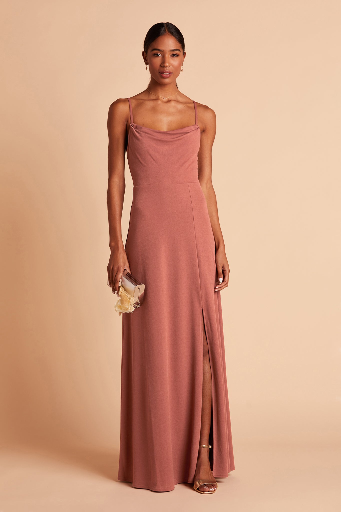 Ash bridesmaid dress with slit in desert rose by Birdy Grey, front view
