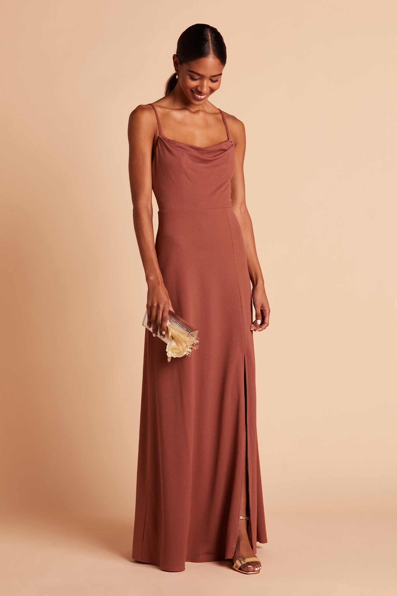 Ash convertible bridesmaid dress with slit in desert rose crepe by Birdy Grey, front view