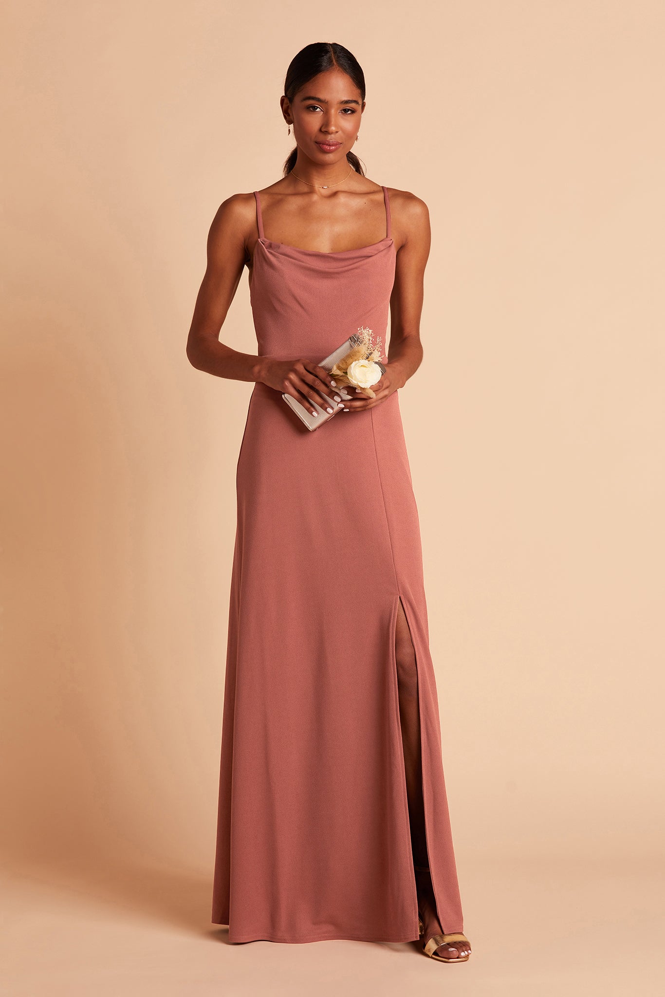 Ash bridesmaid dress with slit in desert rose by Birdy Grey, front view