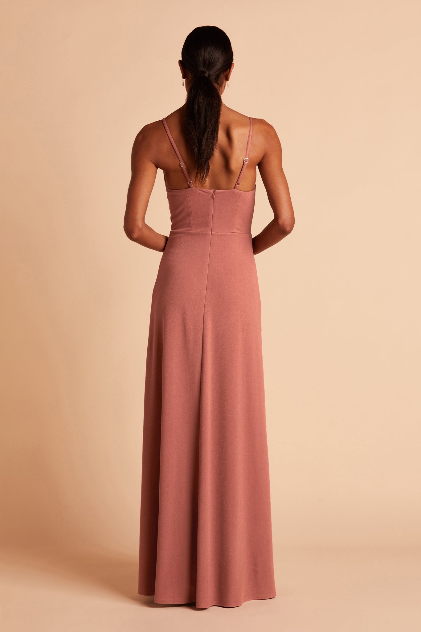 Ash bridesmaid dress with slit in desert rose by Birdy Grey, back view