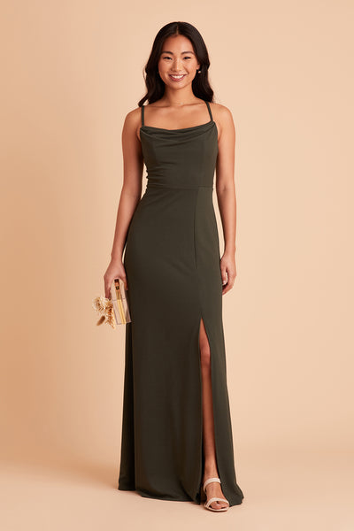 Benny bridesmaid dress in olive crepe by Birdy Grey, front view