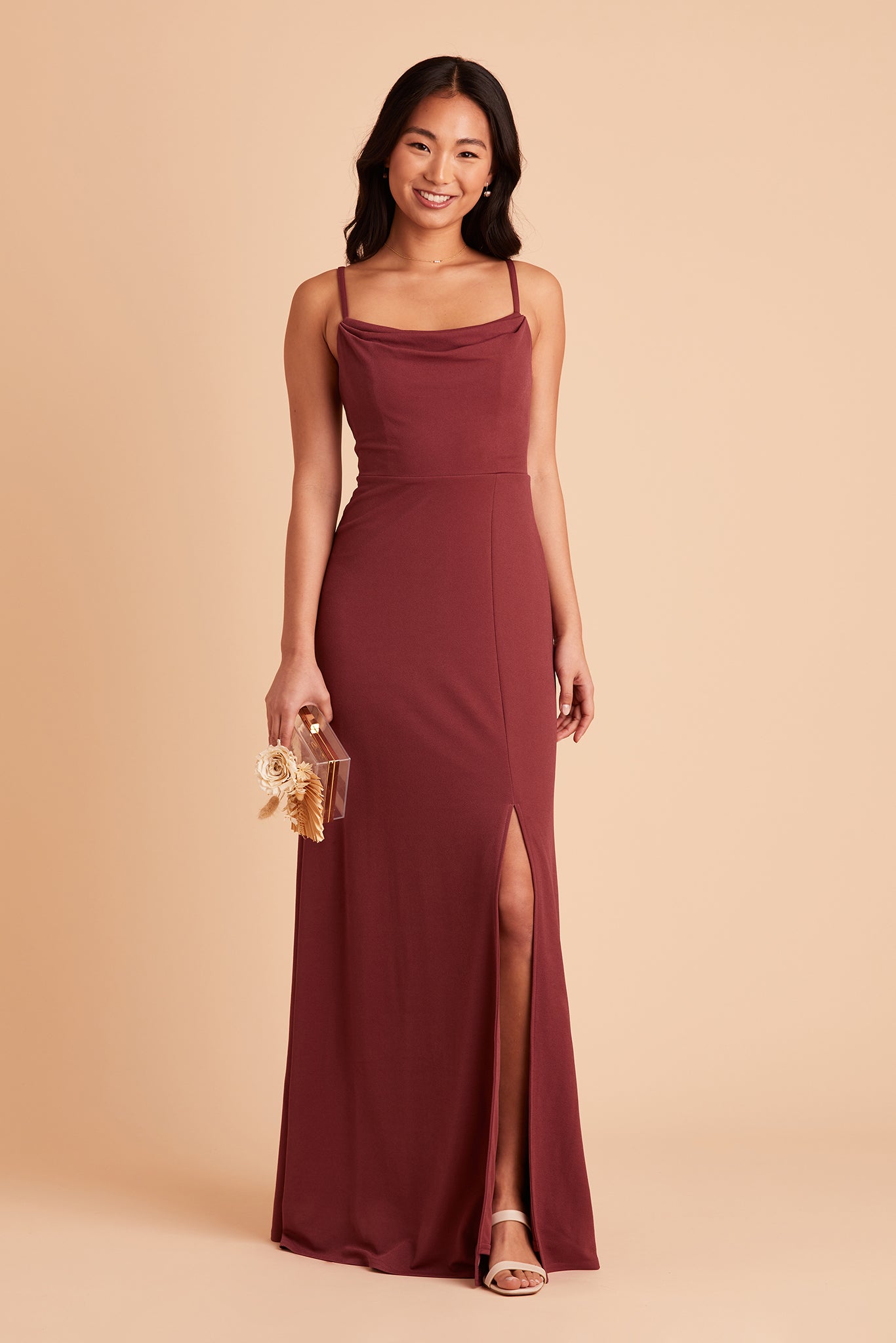 Ash bridesmaid dress with slit in rosewood crepe by Birdy Grey, front view
