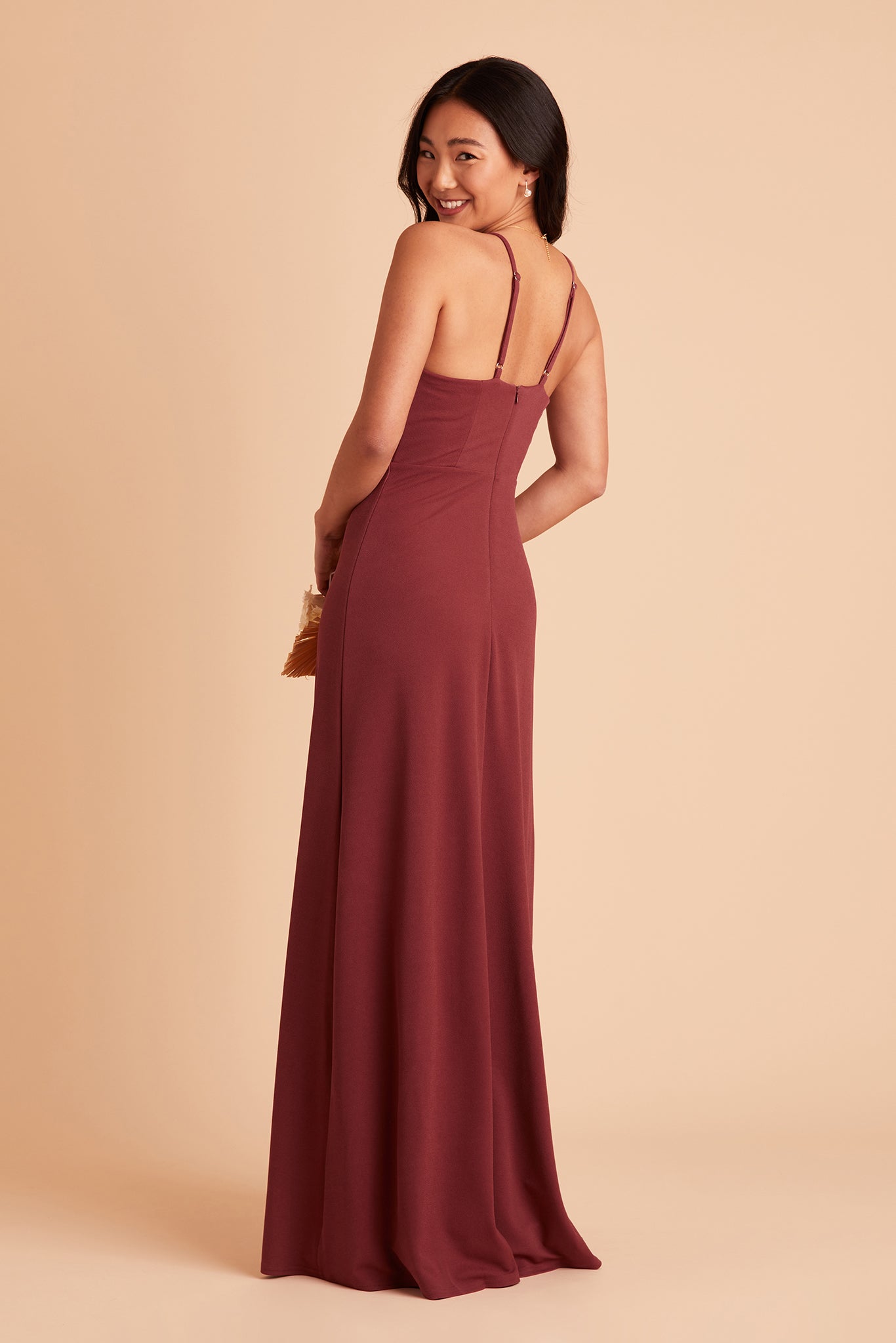 Ash bridesmaid dress with slit in rosewood crepe by Birdy Grey, side view