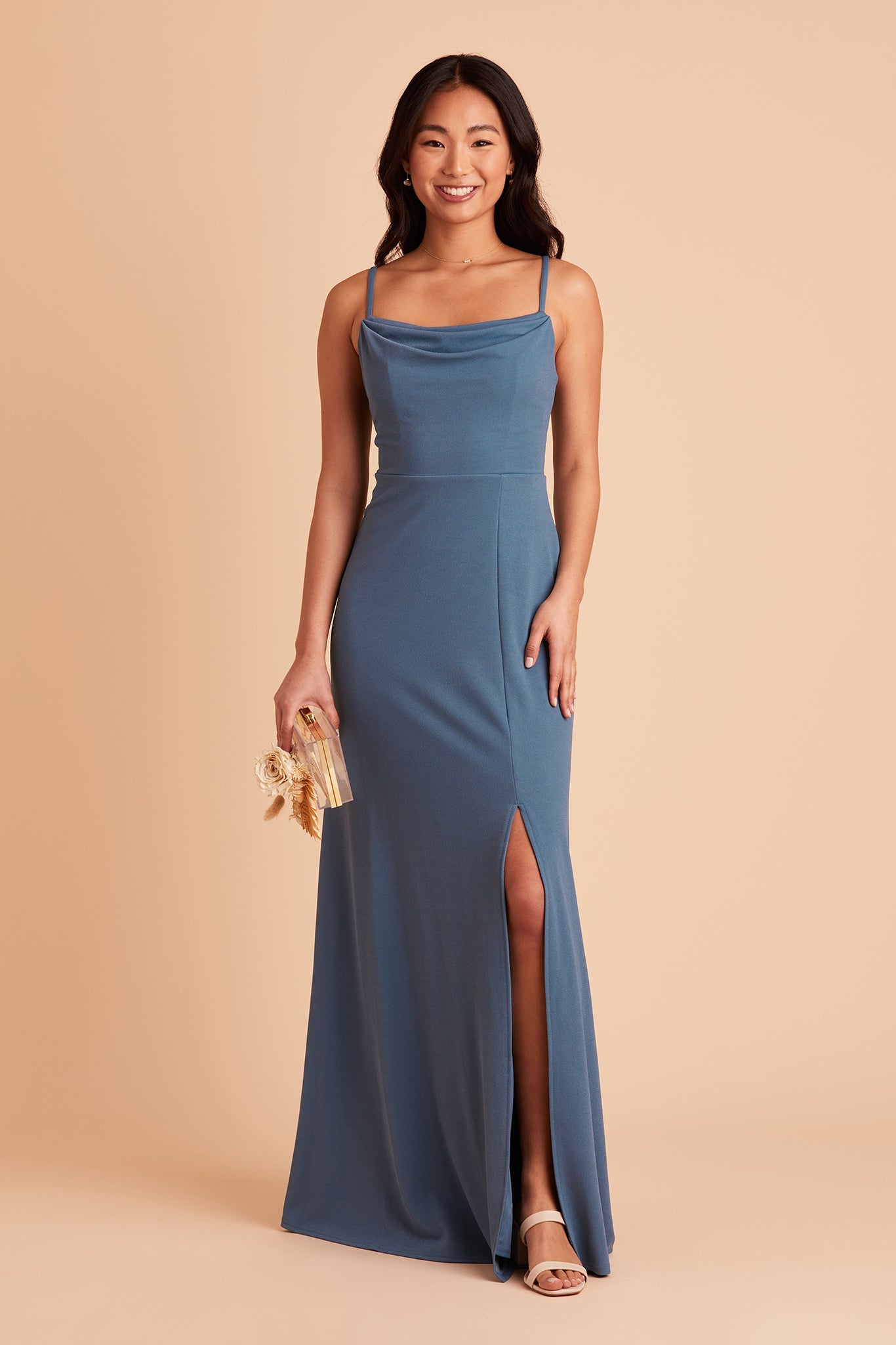 Ash bridesmaid dress with slit in twilight crepe by Birdy Grey, front view