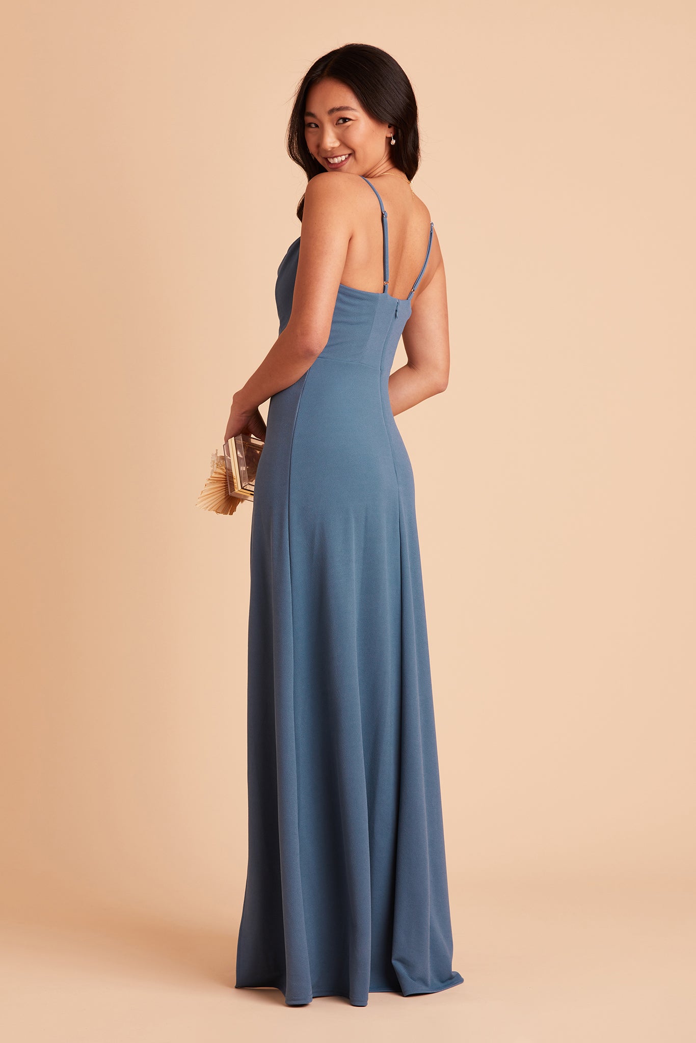 Ash bridesmaid dress in twilight blue crepe by Birdy Grey, side view