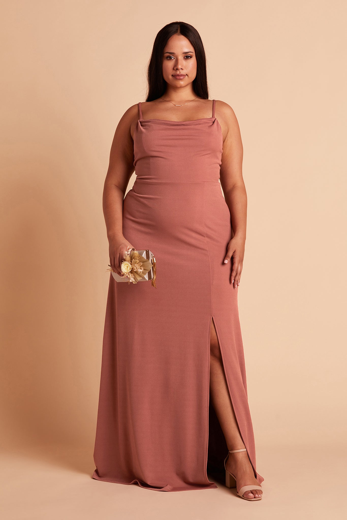 Ash plus size bridesmaid dress with slit in desert rose crepe by Birdy Grey, front view