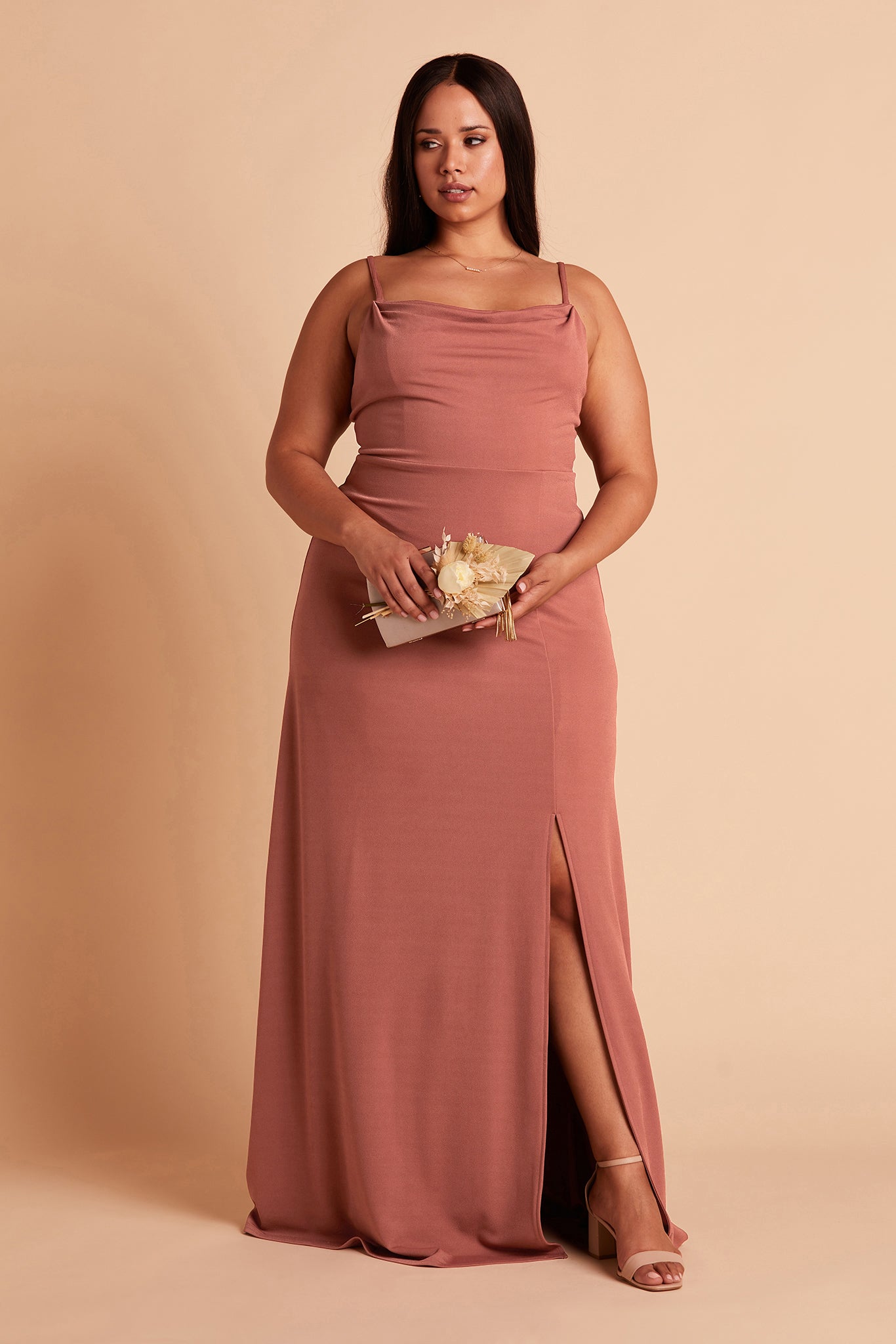 Ash plus size bridesmaid dress with slit in desert rose crepe by Birdy Grey, front view