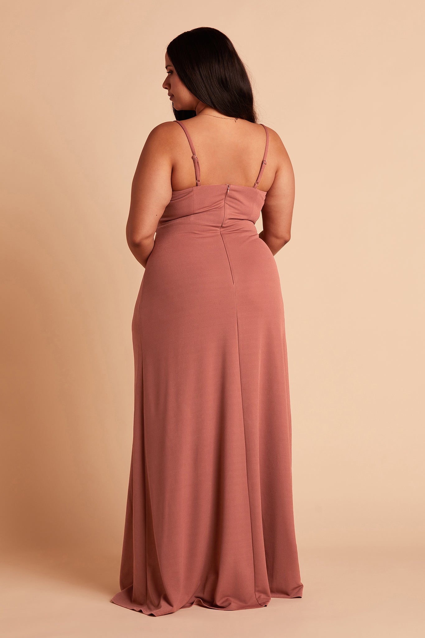 Ash plus size bridesmaid dress with slit in desert rose crepe by Birdy Grey, back view