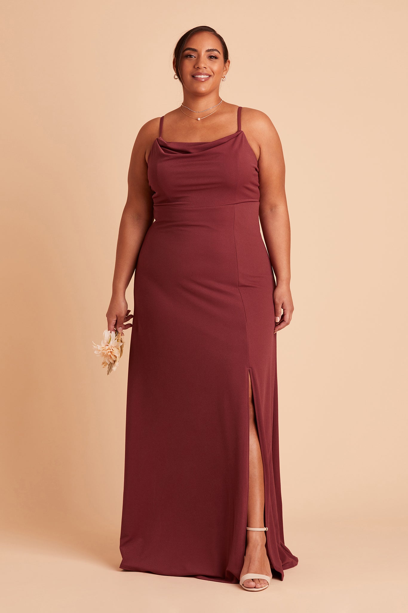 Ash plus size bridesmaid dress with slit in rosewood crepe by Birdy Grey, front view