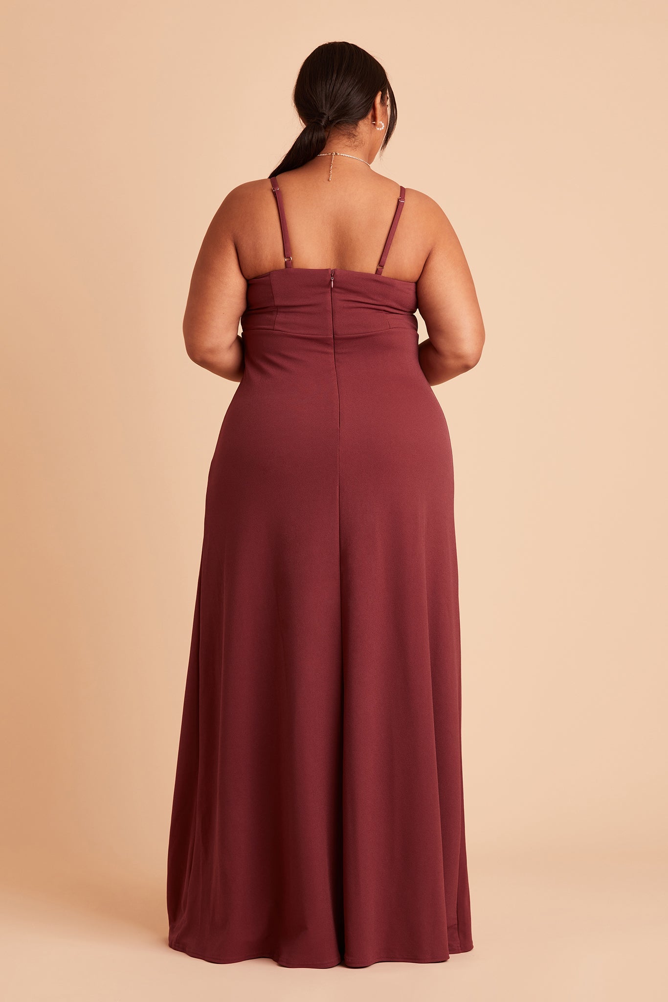 Ash plus size bridesmaid dress with slit in rosewood crepe by Birdy Grey, back view