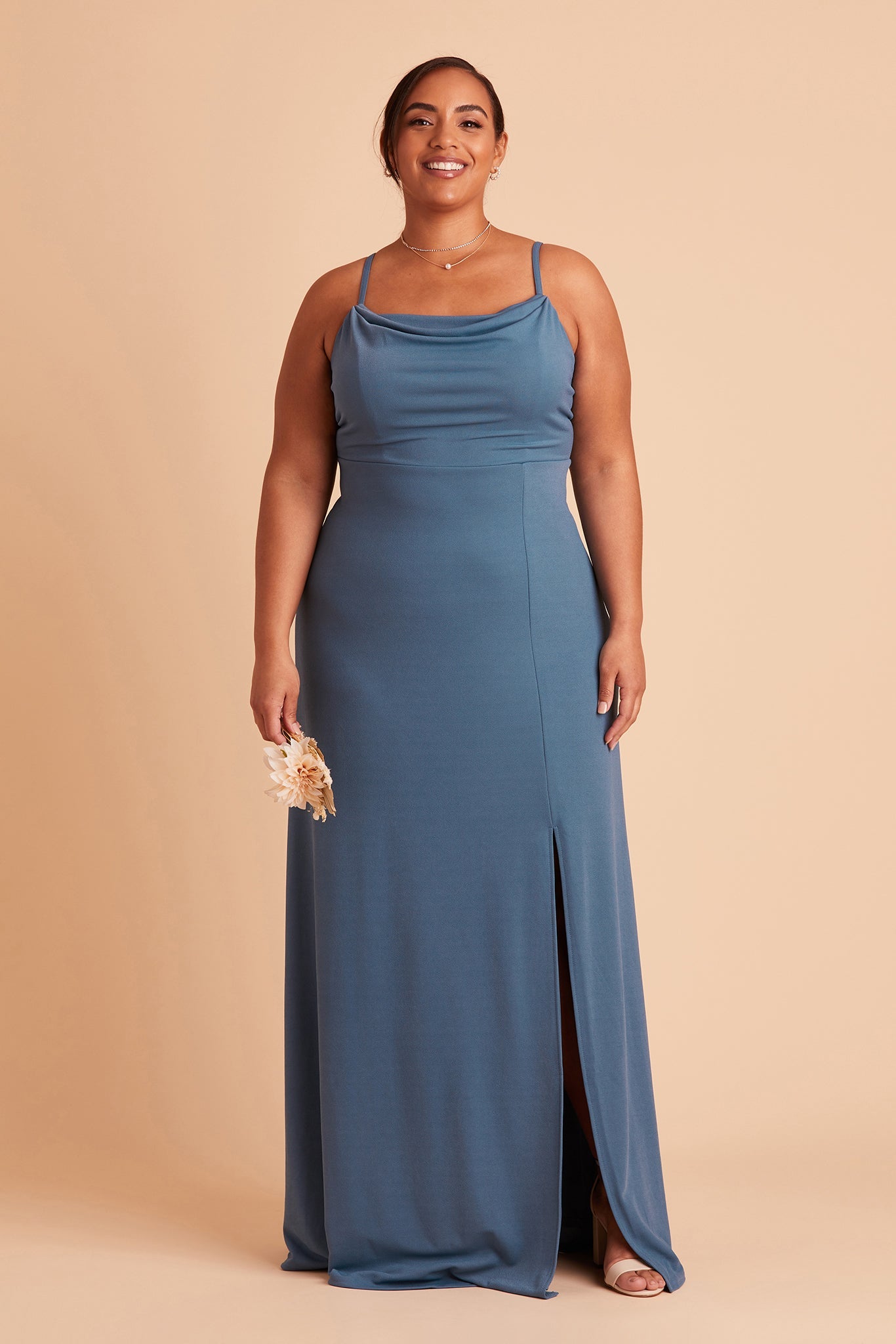 Ash plus size bridesmaid dress with slit in twilight crepe by Birdy Grey, front view