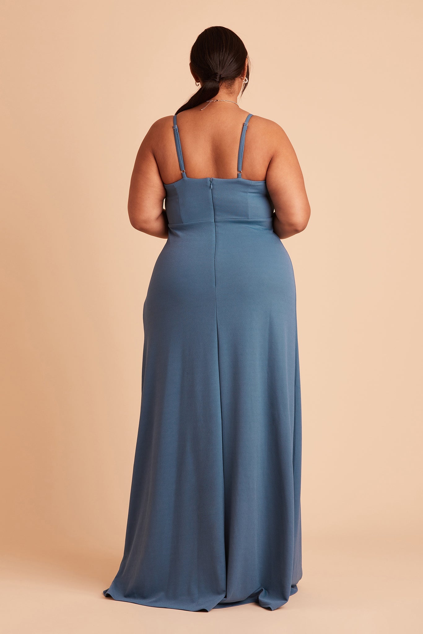 Ash plus size bridesmaid dress with slit in twilight crepe by Birdy Grey, back view