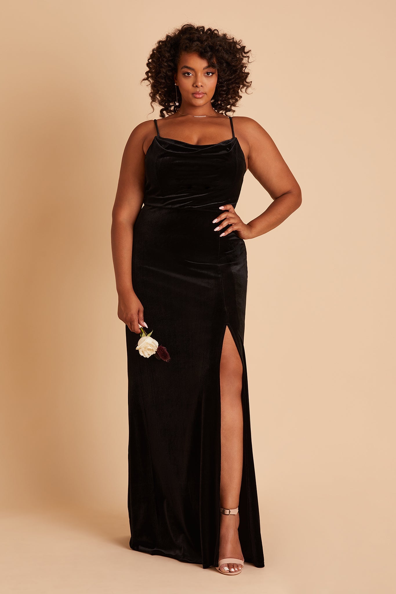 Ash plus size bridesmaid dress with slit in black velvet by Birdy Grey, front view