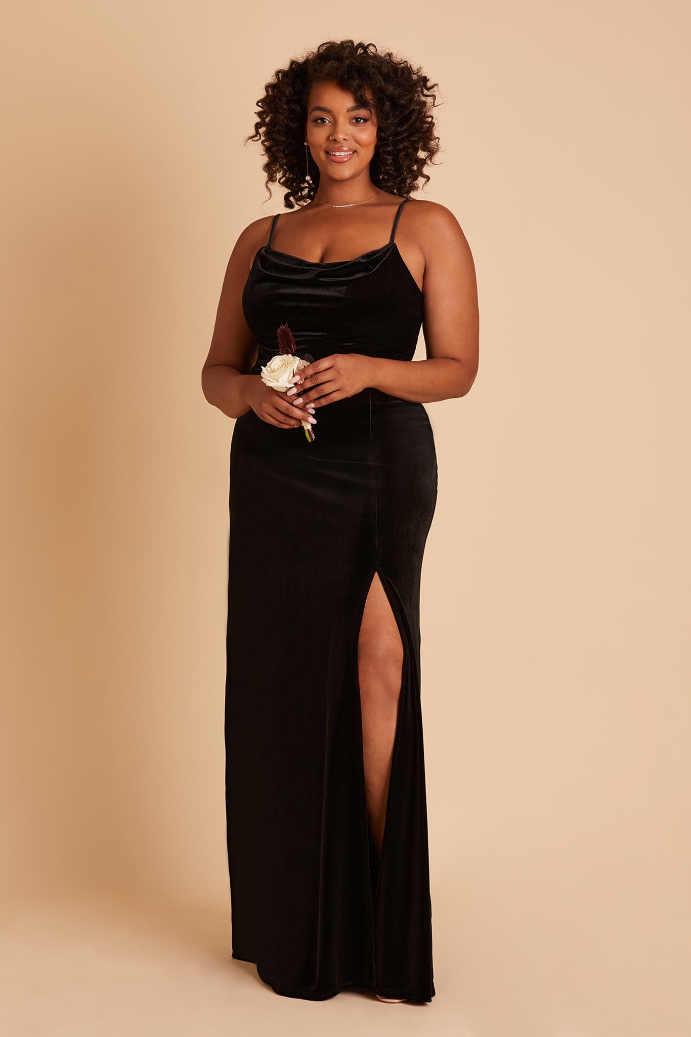 Ash plus size bridesmaid dress with slit in black velvet by Birdy Grey, front view