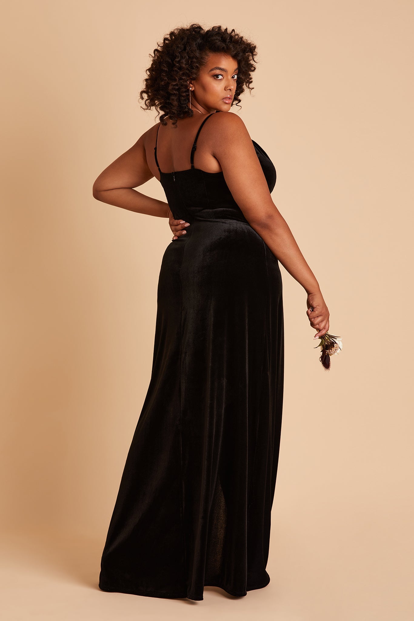 Ash plus size bridesmaid dress with slit in black velvet by Birdy Grey, side view