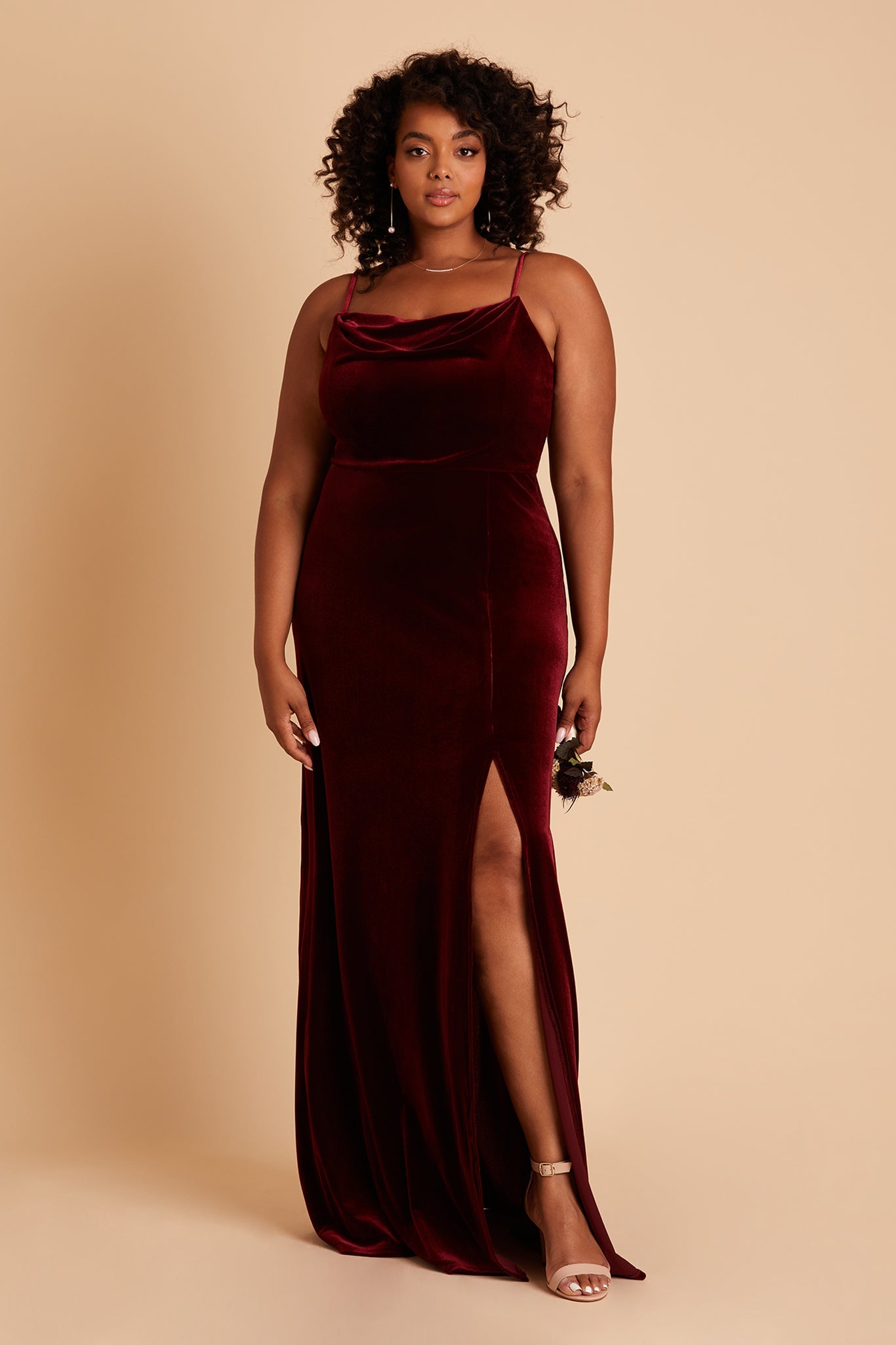 Ash plus size bridesmaid dress with slit in cabernet velvet by Birdy Grey, front view