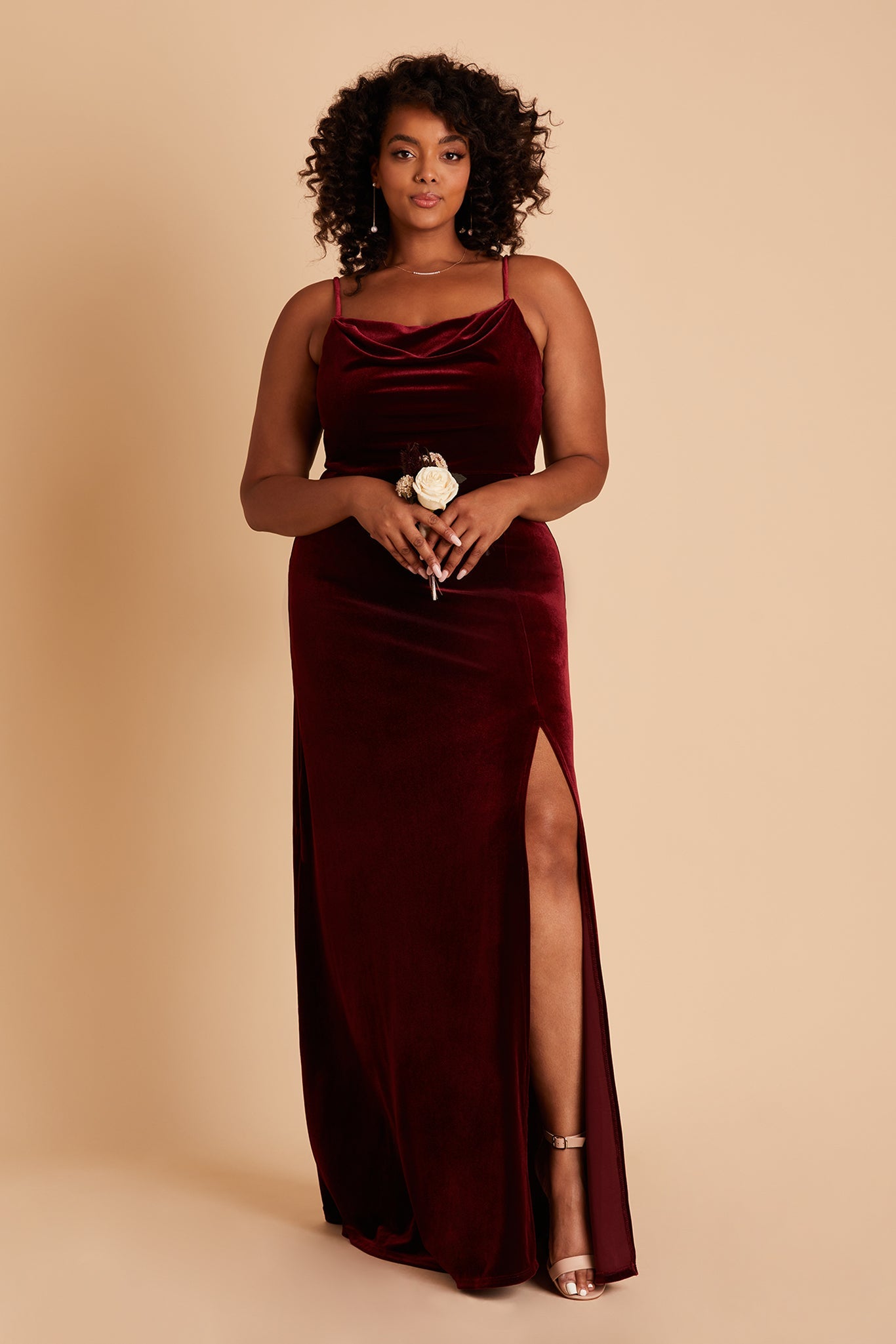 Ash plus size bridesmaid dress with slit in cabernet velvet by Birdy Grey, front view