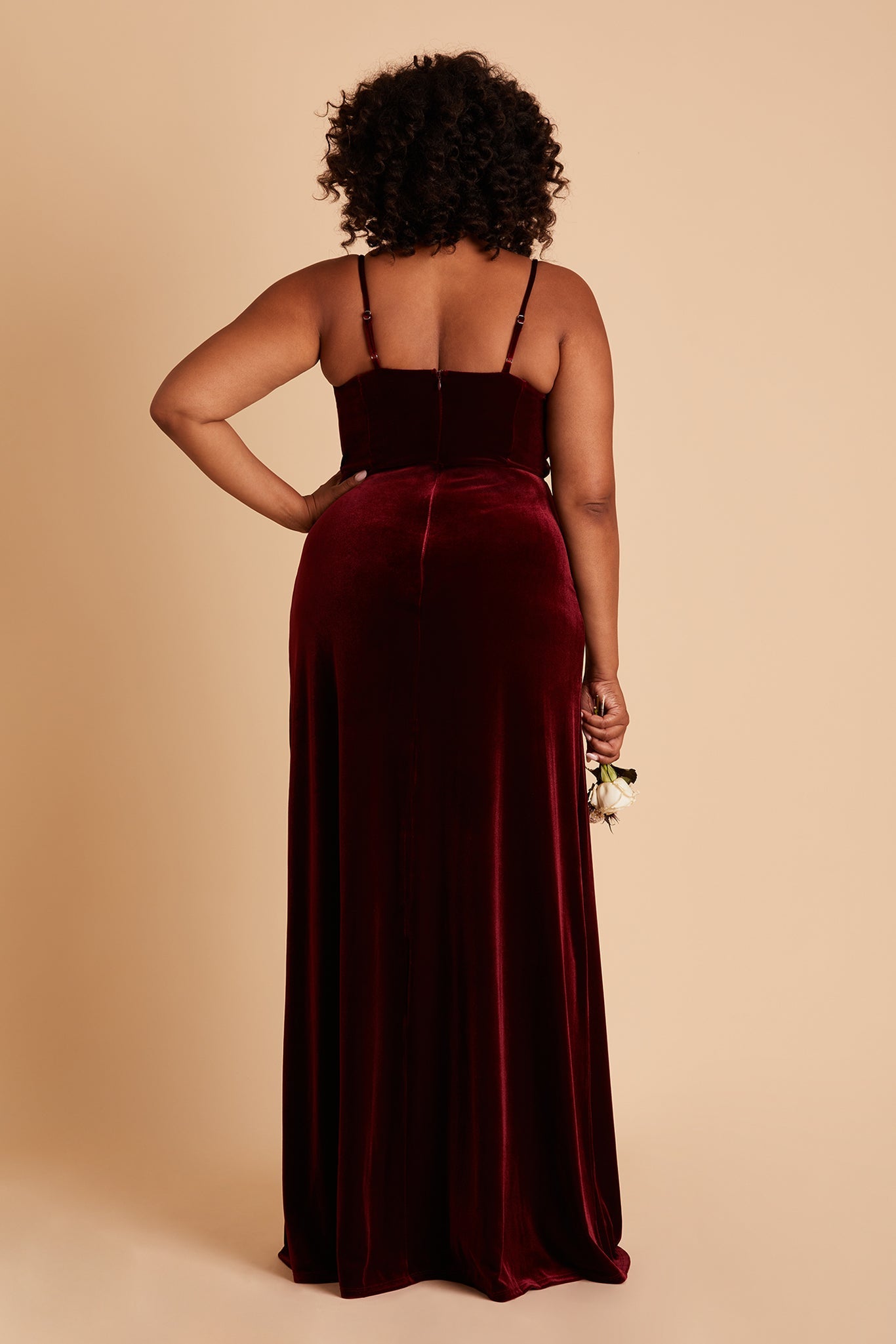 Ash plus size bridesmaid dress with slit in cabernet velvet by Birdy Grey, back view