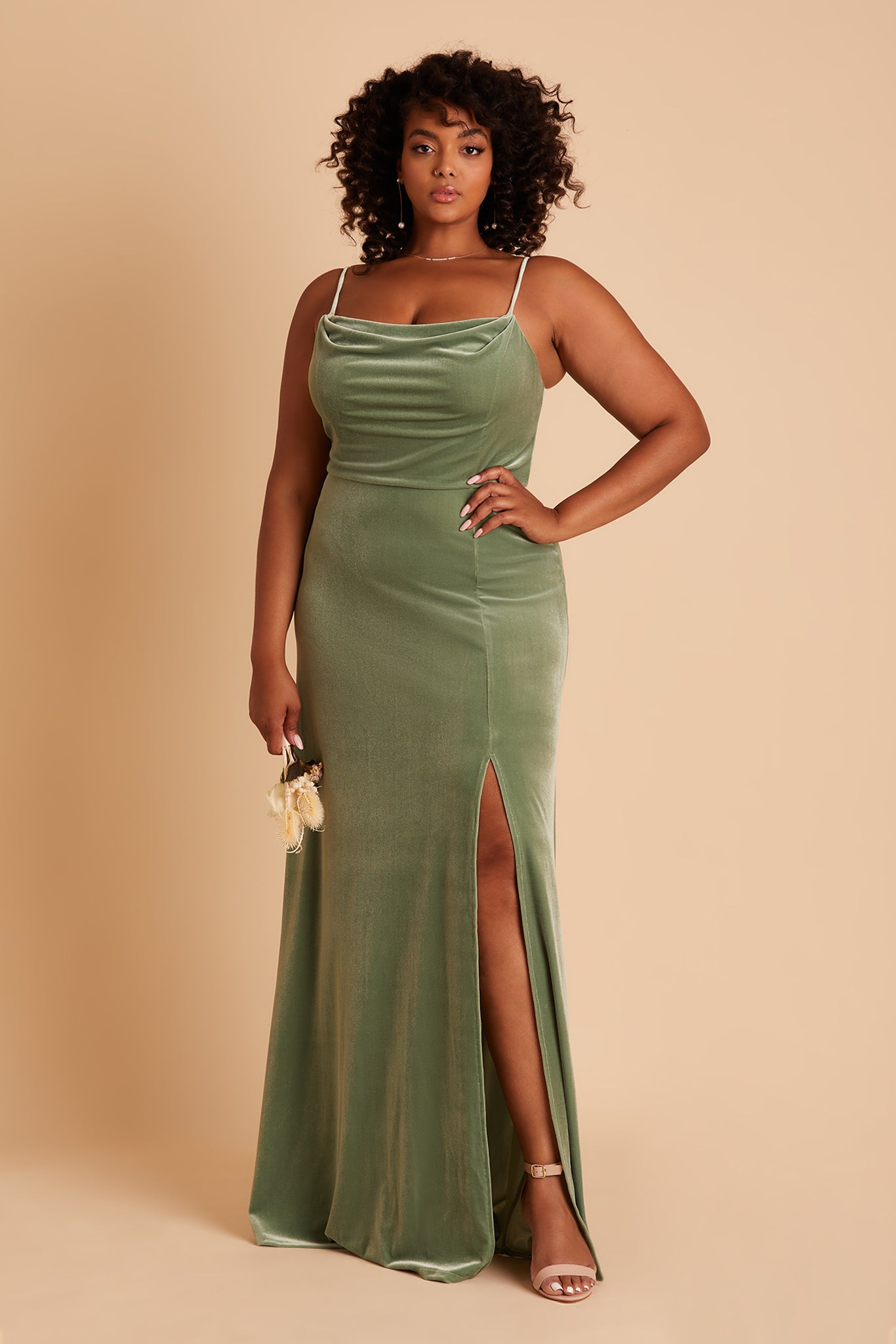 Ash plus size bridesmaid dress with slit in Dark Sage velvet by Birdy Grey, front view