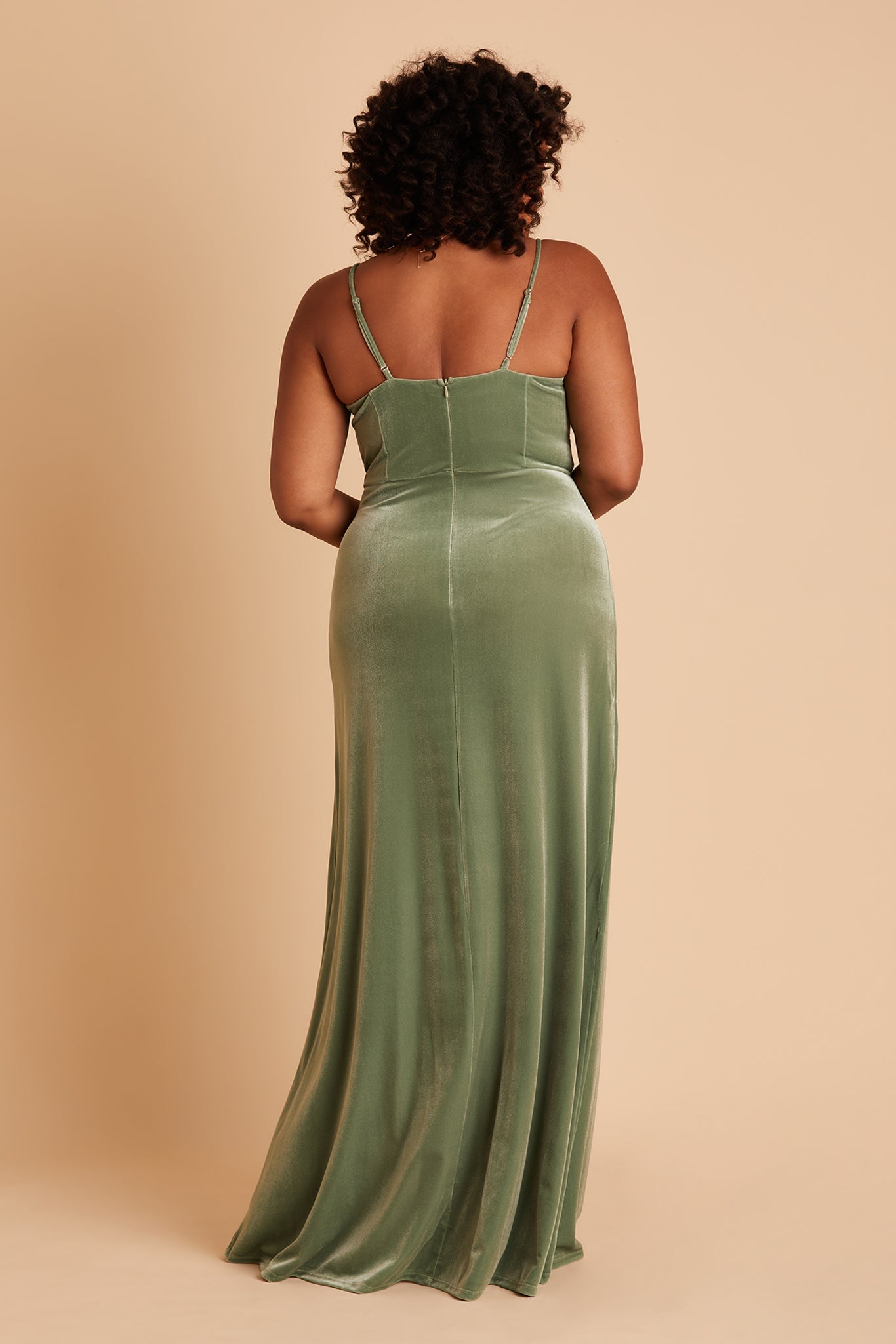 Ash plus size bridesmaid dress with slit in Dark Sage velvet by Birdy Grey, back view