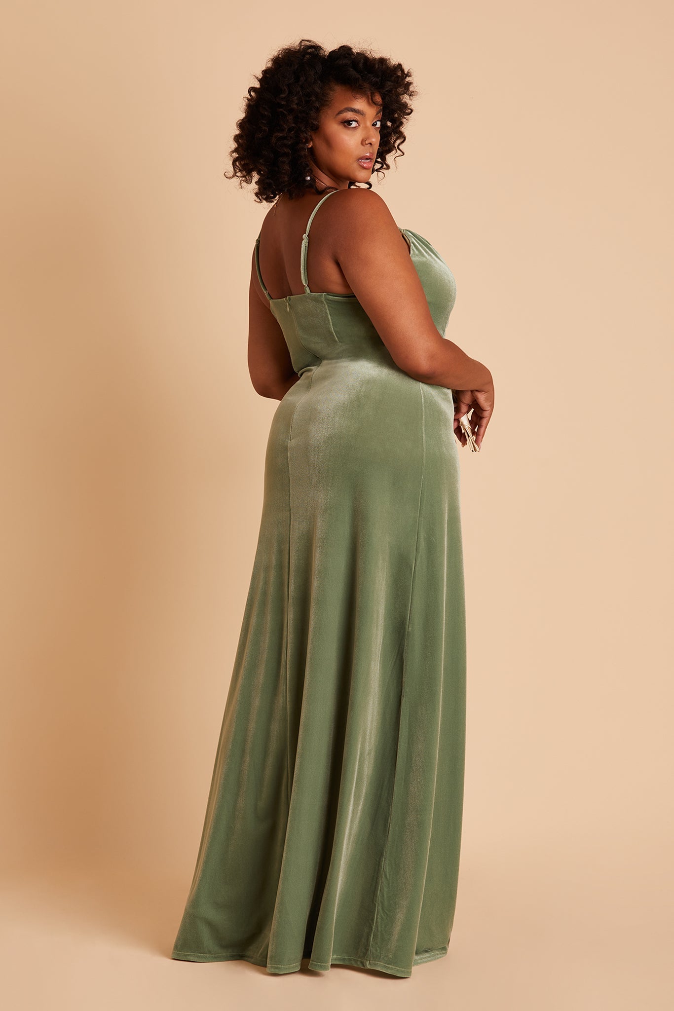 Ash plus size bridesmaid dress with slit in Dark Sage velvet by Birdy Grey, side view
