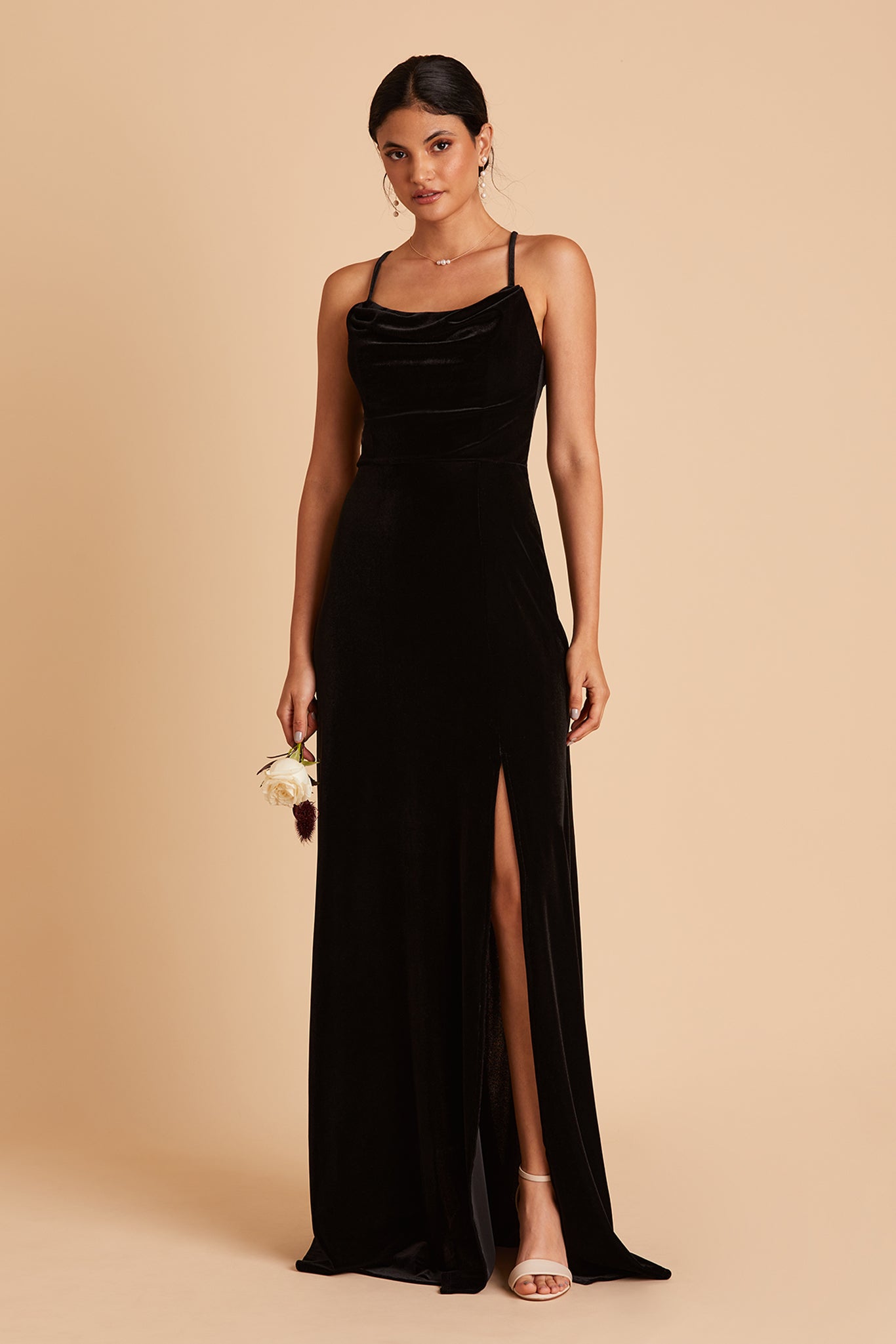 Ash bridesmaid dress with slit in black velvet by Birdy Grey, front view
