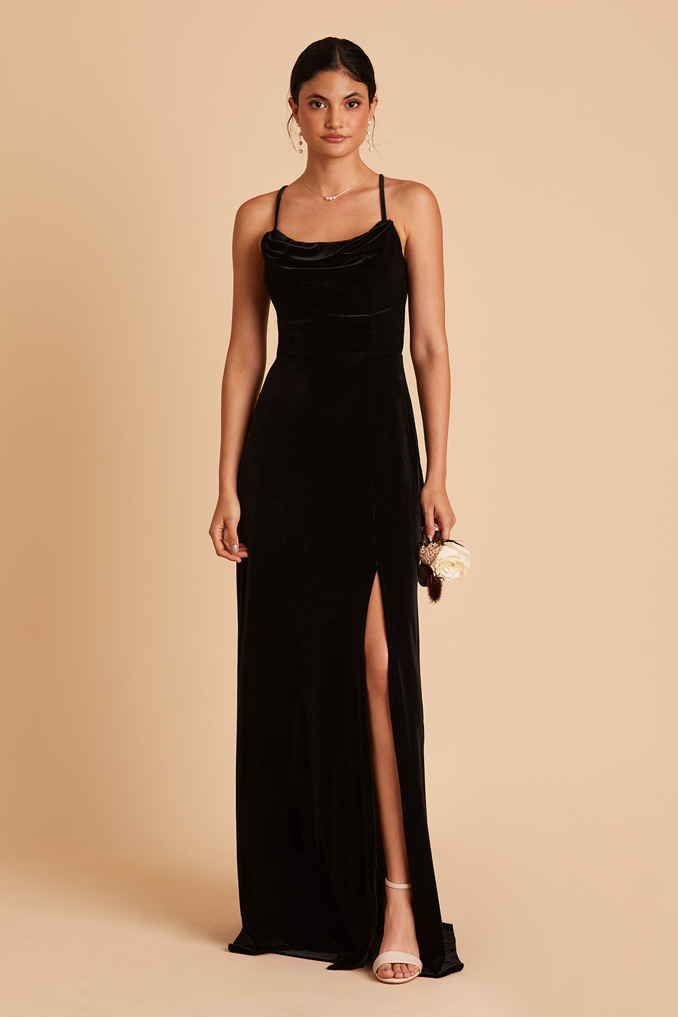Ash bridesmaid dress with slit in black velvet by Birdy Grey, front view