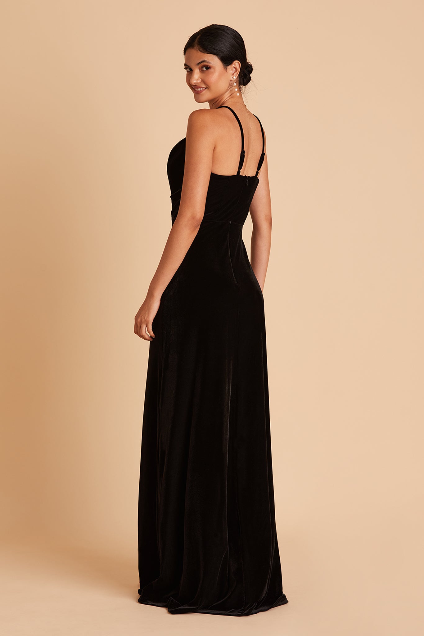Ash bridesmaid dress with slit in black velvet by Birdy Grey, back view