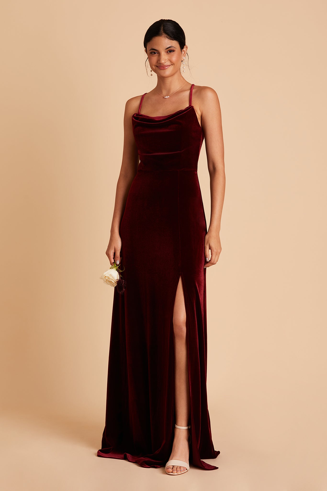 Ash bridesmaid dress with slit in cabernet velvet by Birdy Grey, front view