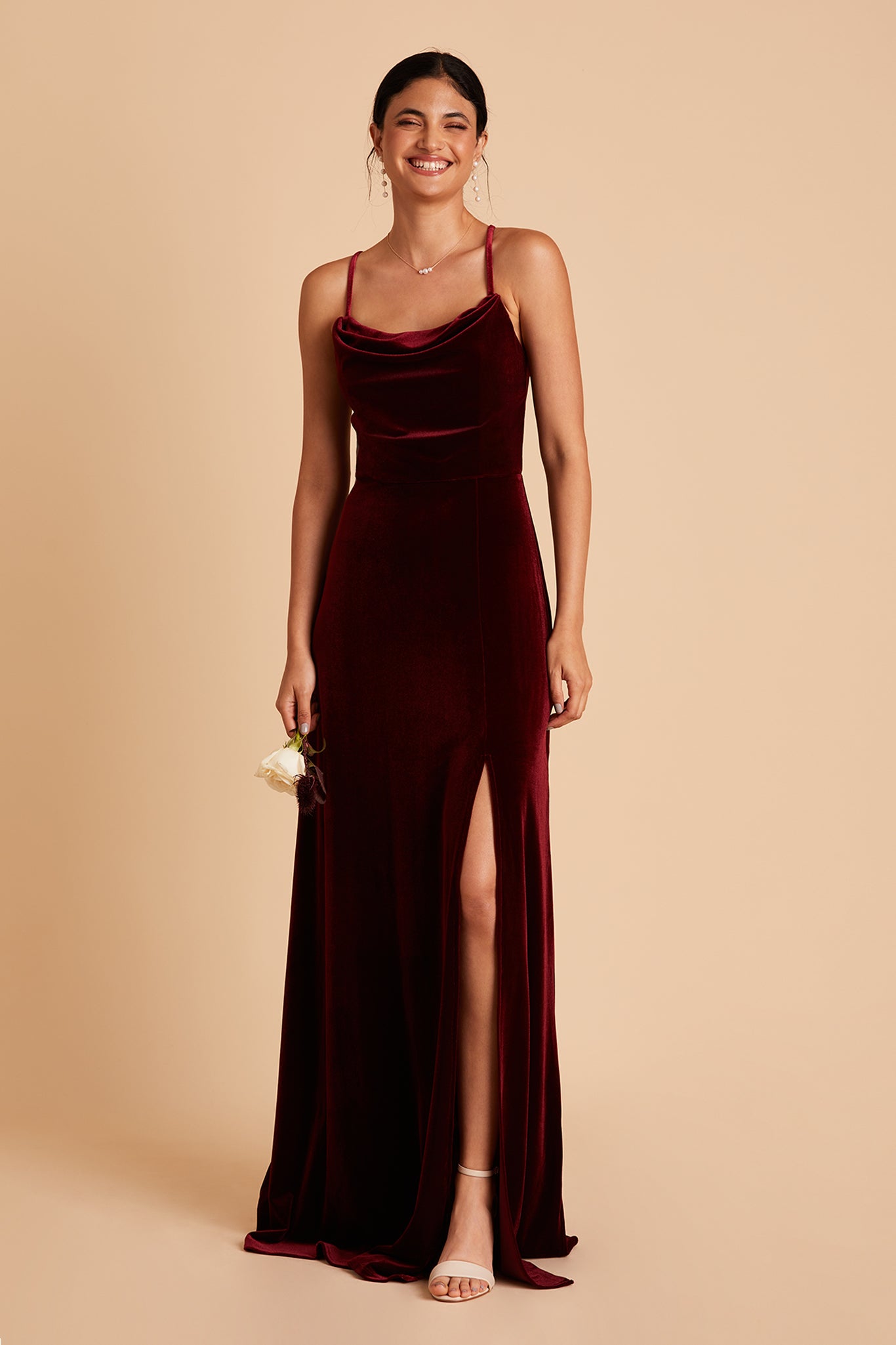 Ash bridesmaid dress with slit in cabernet velvet by Birdy Grey, front view