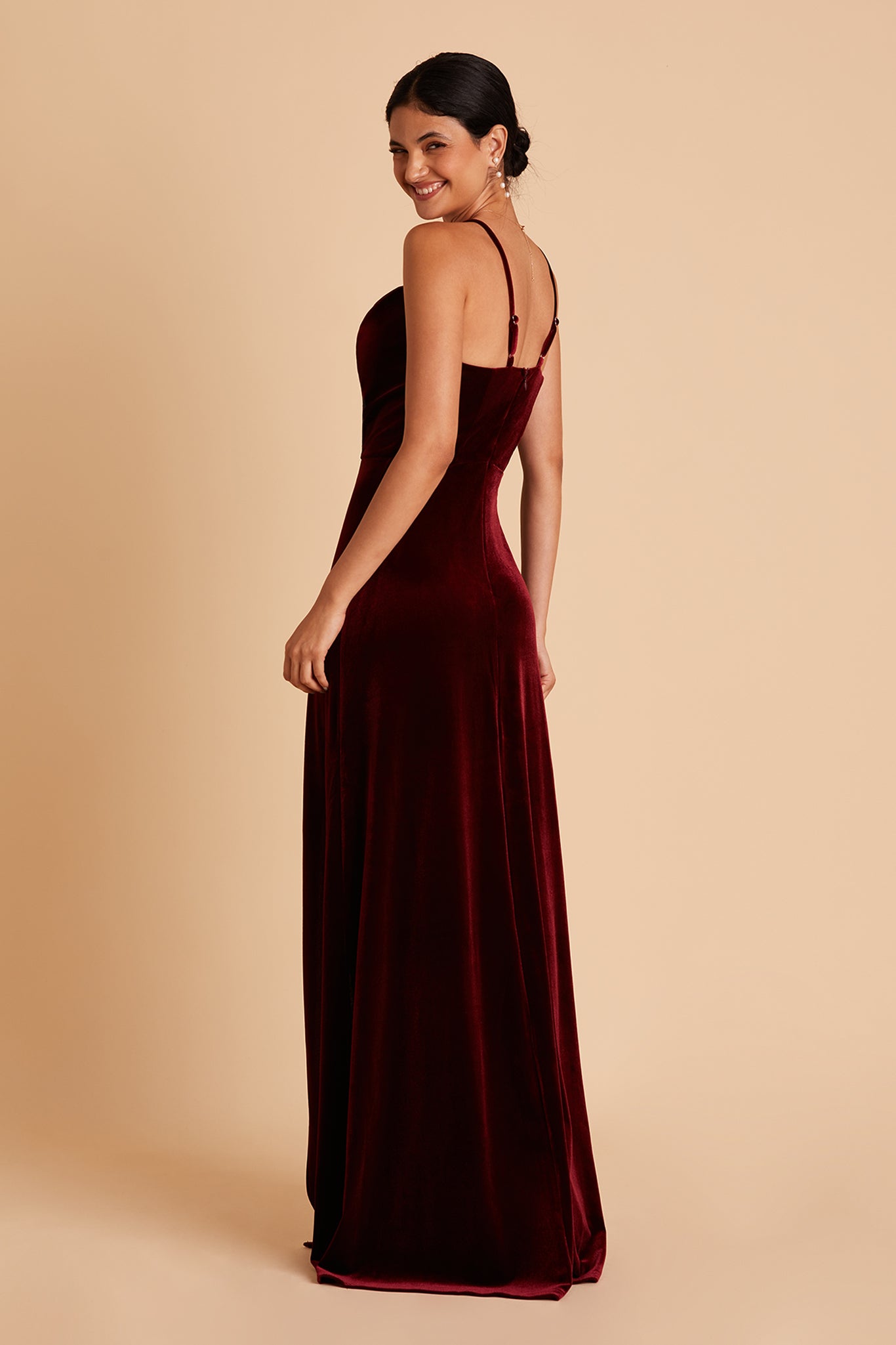 Ash bridesmaid dress with slit in cabernet velvet by Birdy Grey, side view