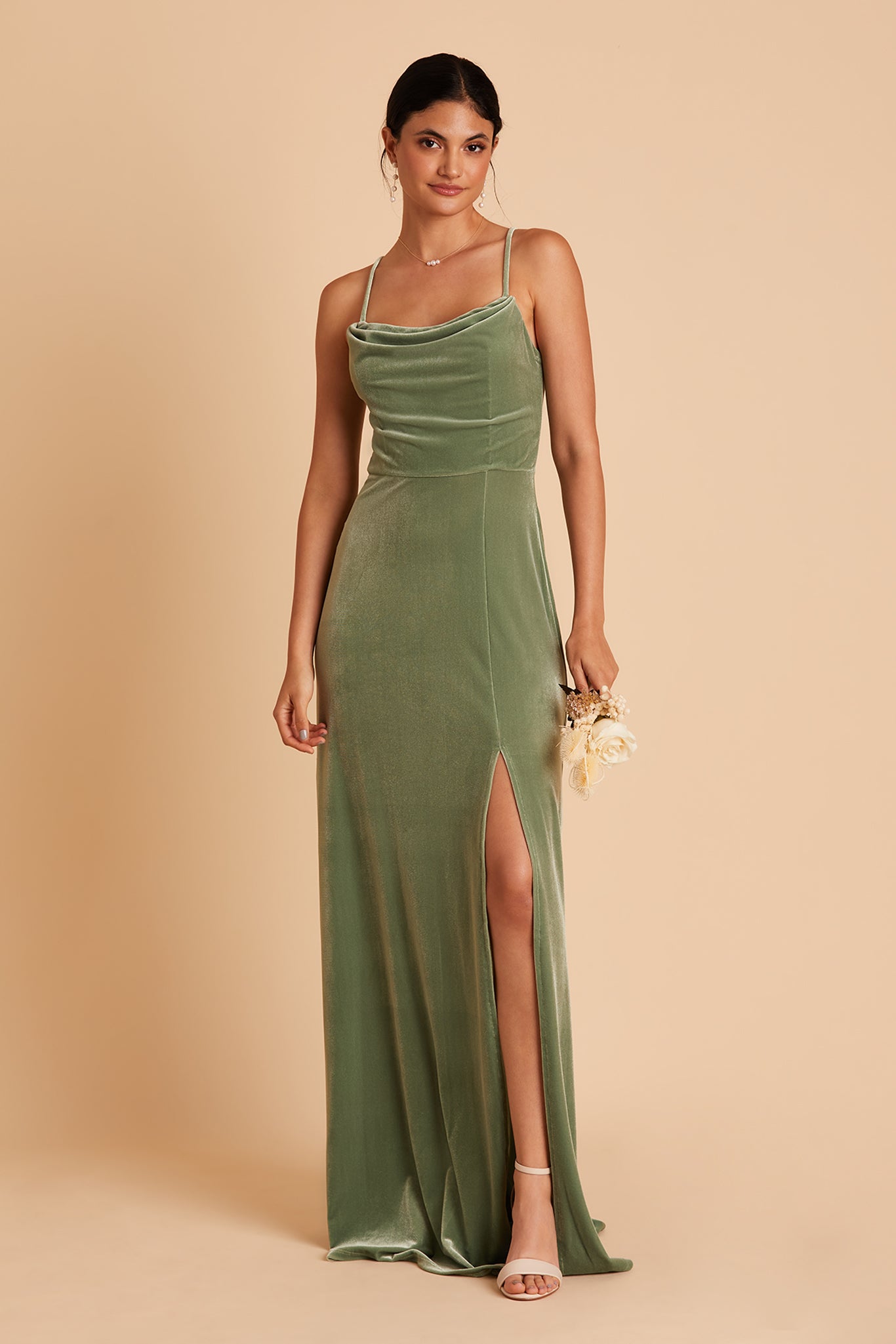 Ash bridesmaid dress with slit in dark sage velvet by Birdy Grey, front view