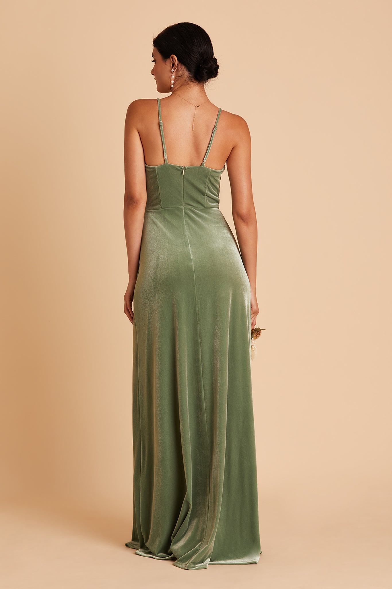 Ash bridesmaid dress with slit in dark sage velvet by Birdy Grey, back view