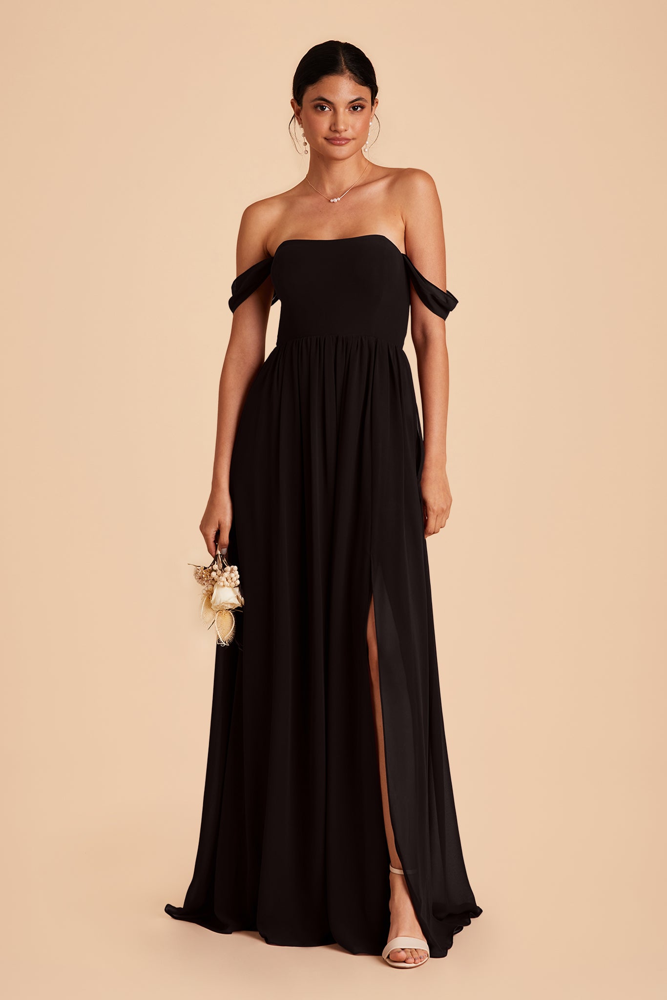 August bridesmaid dress with slit in black chiffon by Birdy Grey, front view