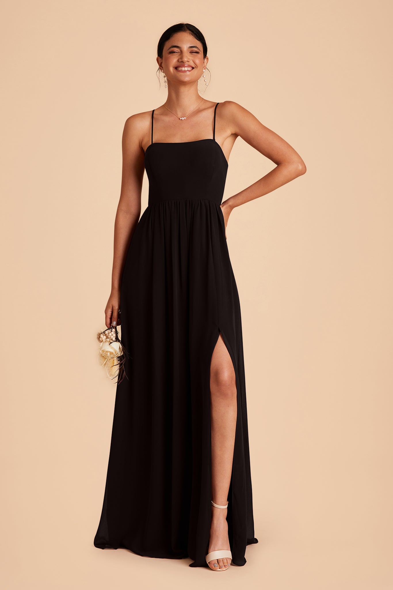 August bridesmaid dress with slit in black chiffon by Birdy Grey, front view
