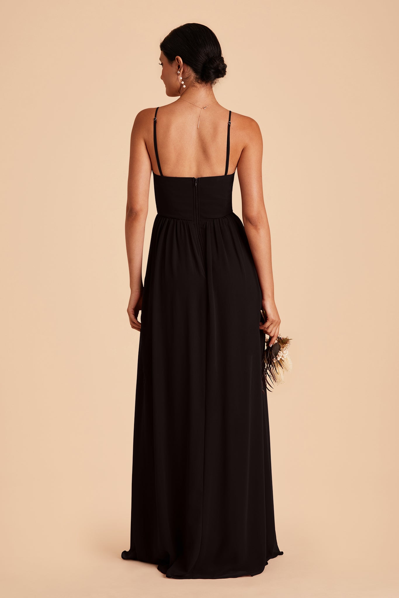 August bridesmaid dress with slit in black chiffon by Birdy Grey, back view