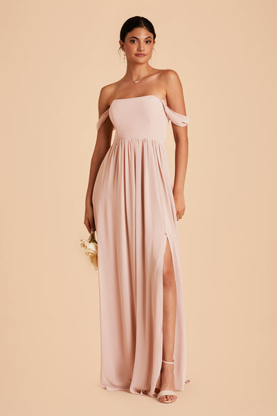 August bridesmaid dress with slit in pale blush chiffon by Birdy Grey, front view