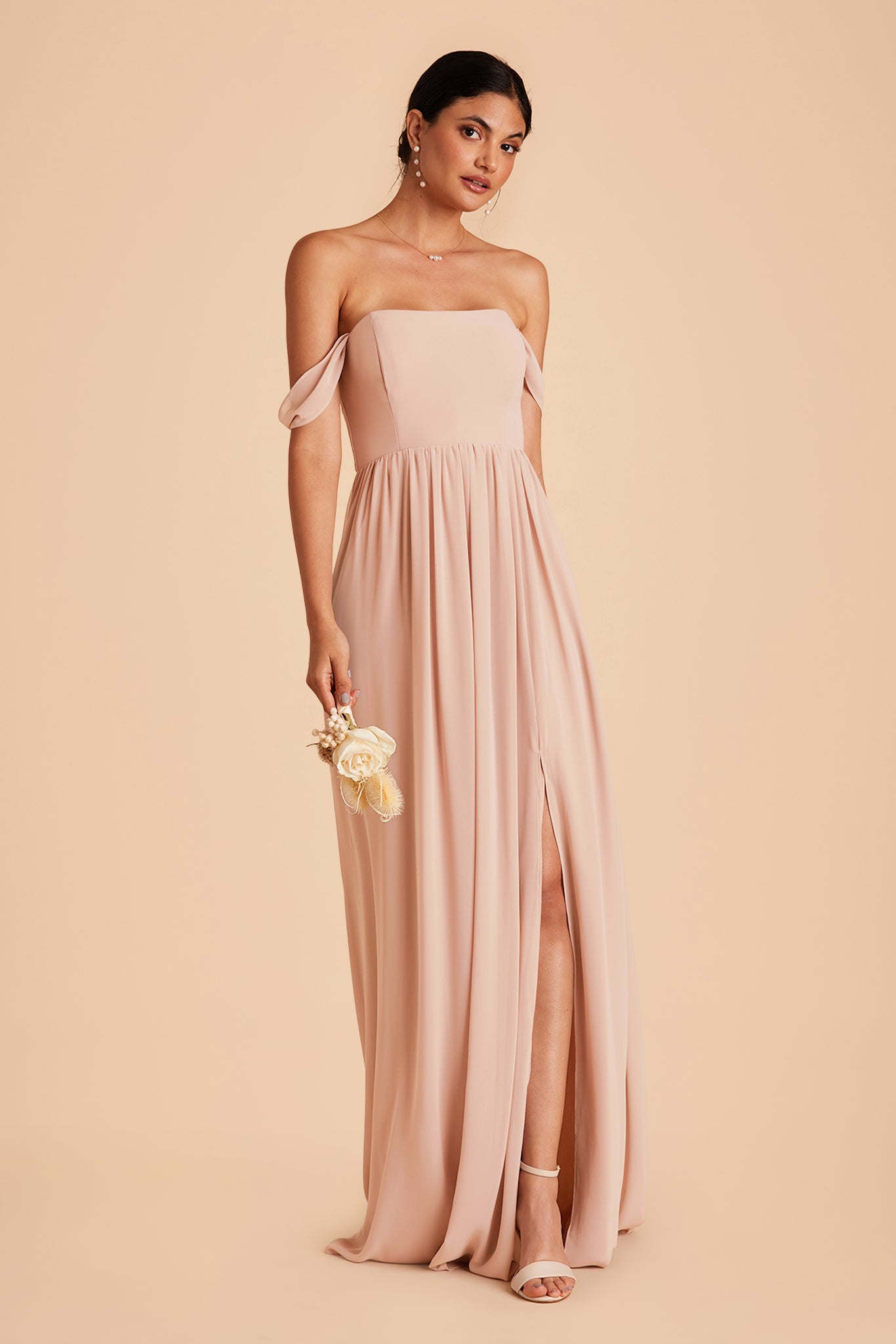 August bridesmaid dress with slit in pale blush chiffon by Birdy Grey, front view