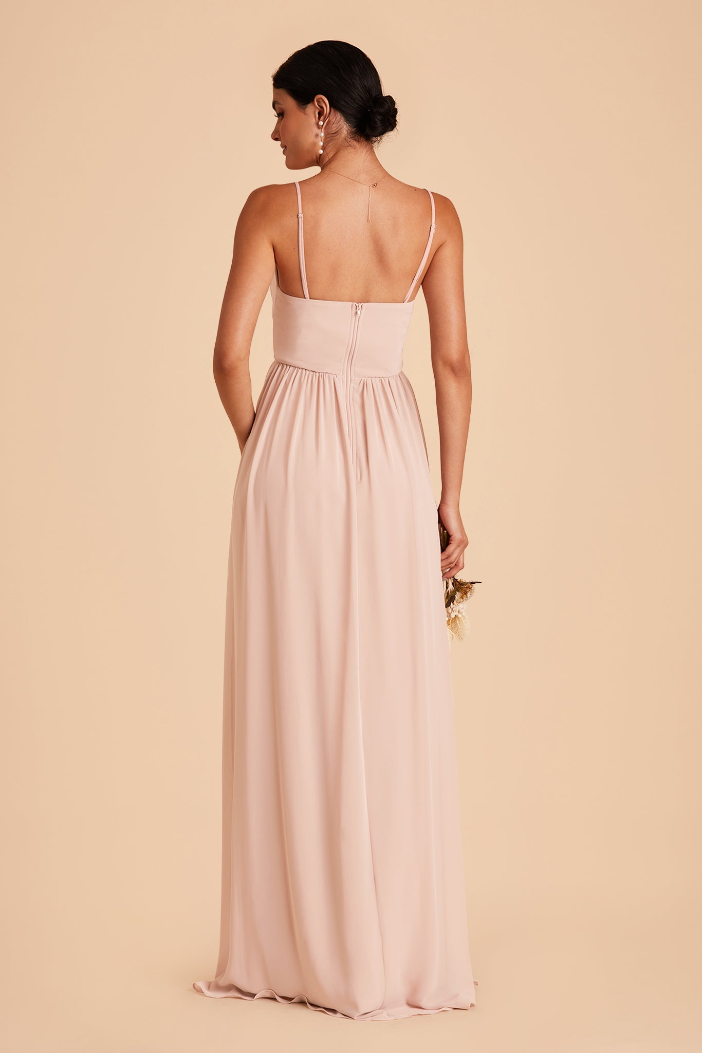 August bridesmaid dress with slit in pale blush chiffon by Birdy Grey, back view