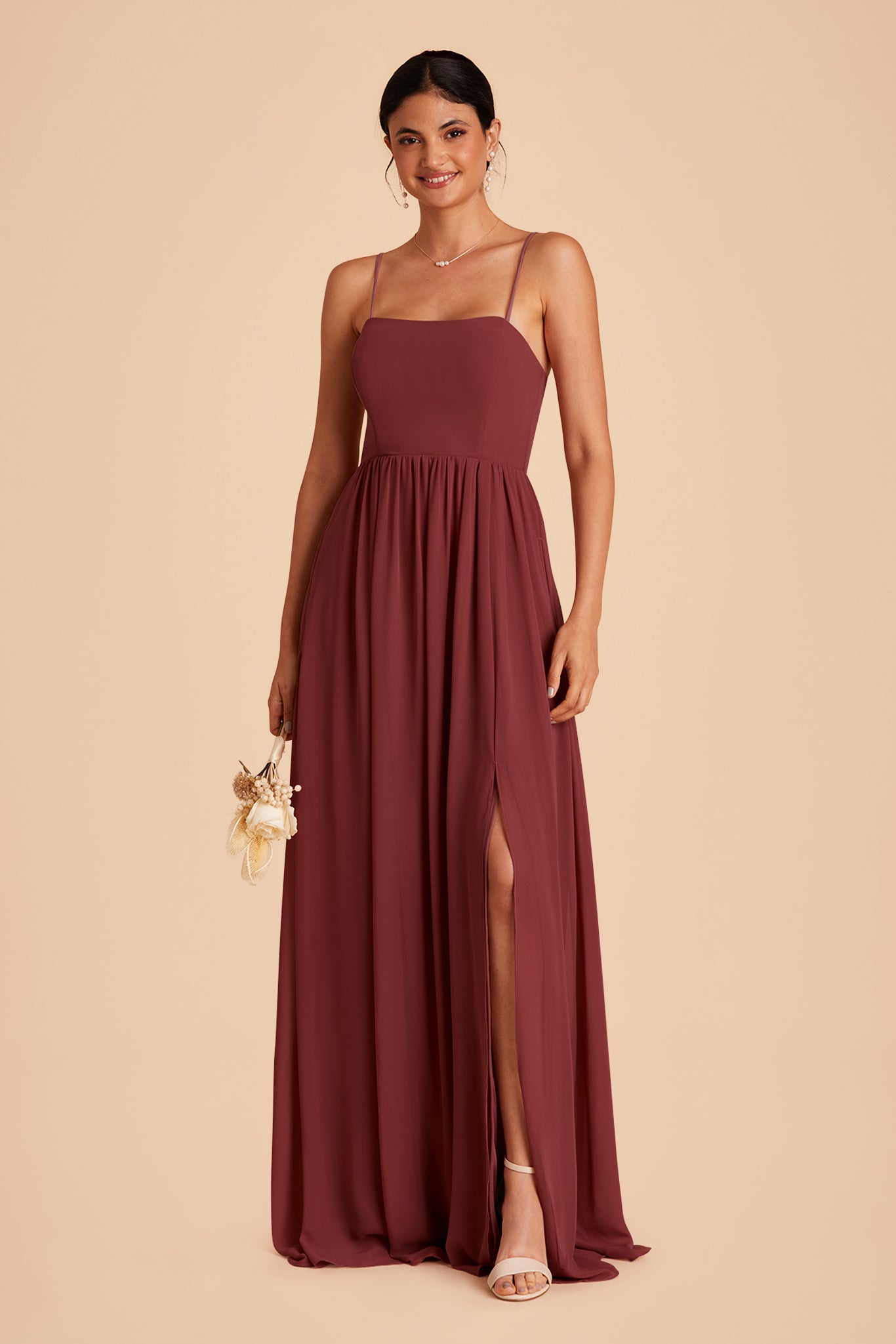 August bridesmaid dress with slit in rosewood chiffon by Birdy Grey, front view