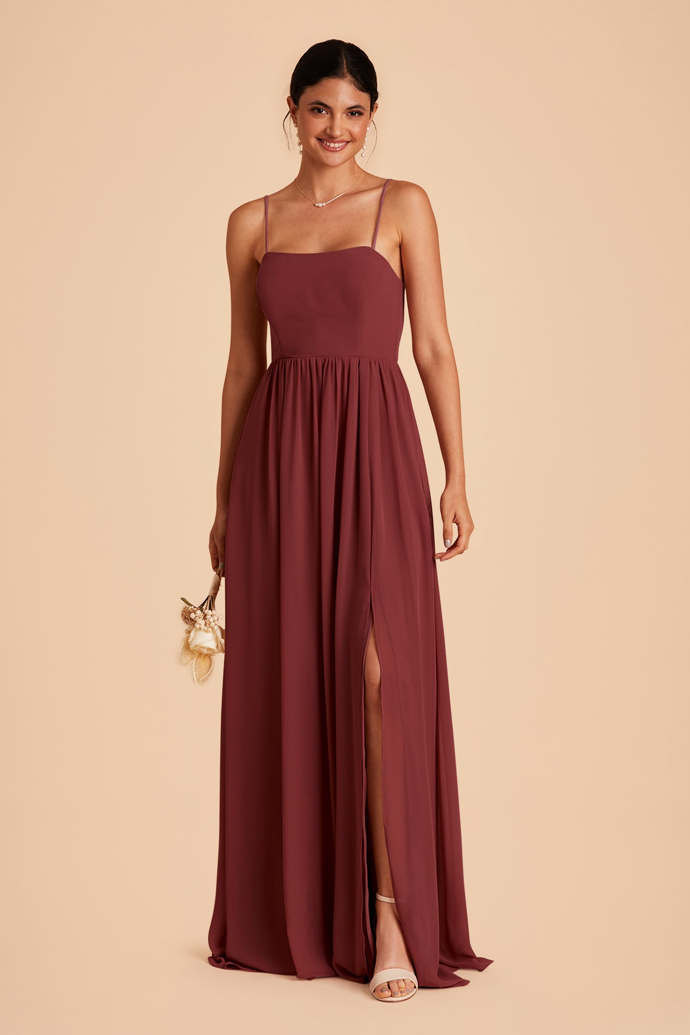 August bridesmaid dress with slit in rosewood chiffon by Birdy Grey, front view