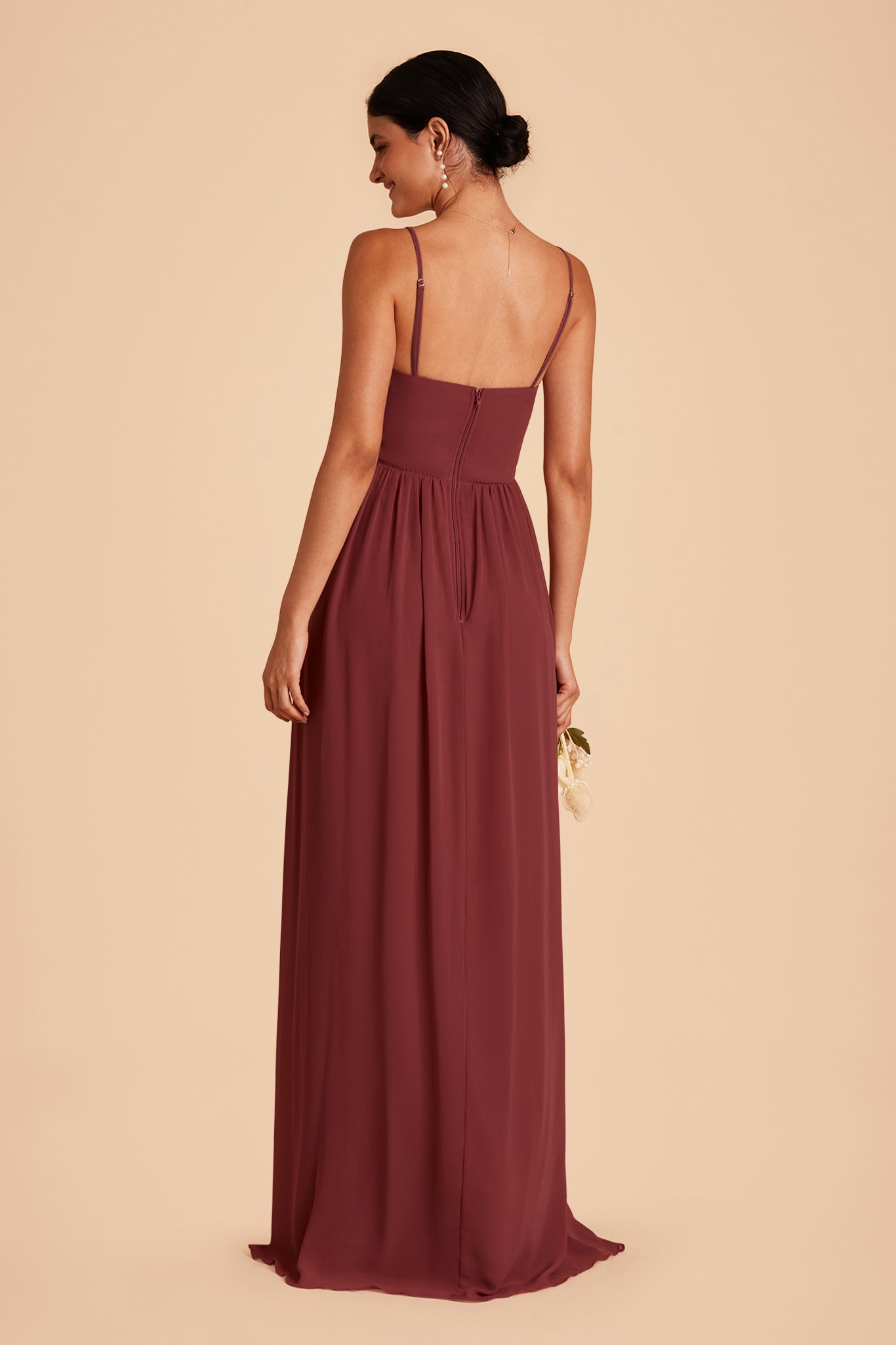 August bridesmaid dress with slit in rosewood chiffon by Birdy Grey, back view