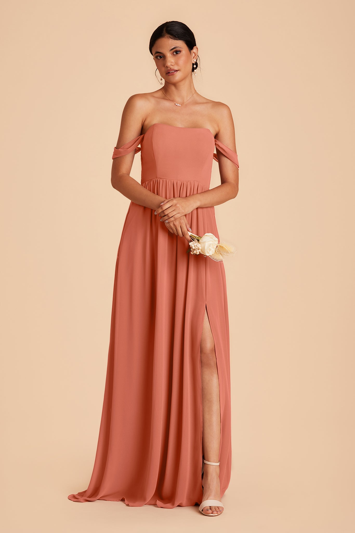 August bridesmaid dress with slit in terracotta chiffon by Birdy Grey, front view