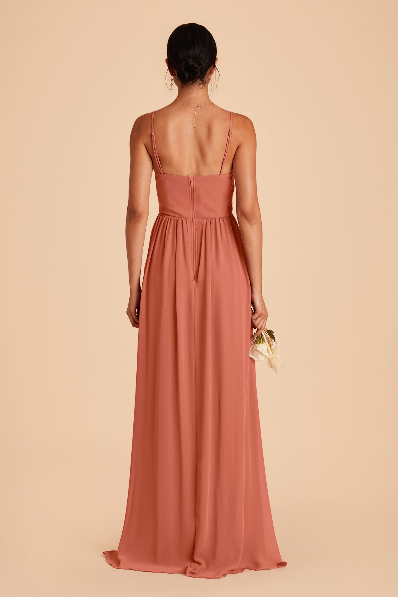 August bridesmaid dress with slit in terracotta chiffon by Birdy Grey, back view