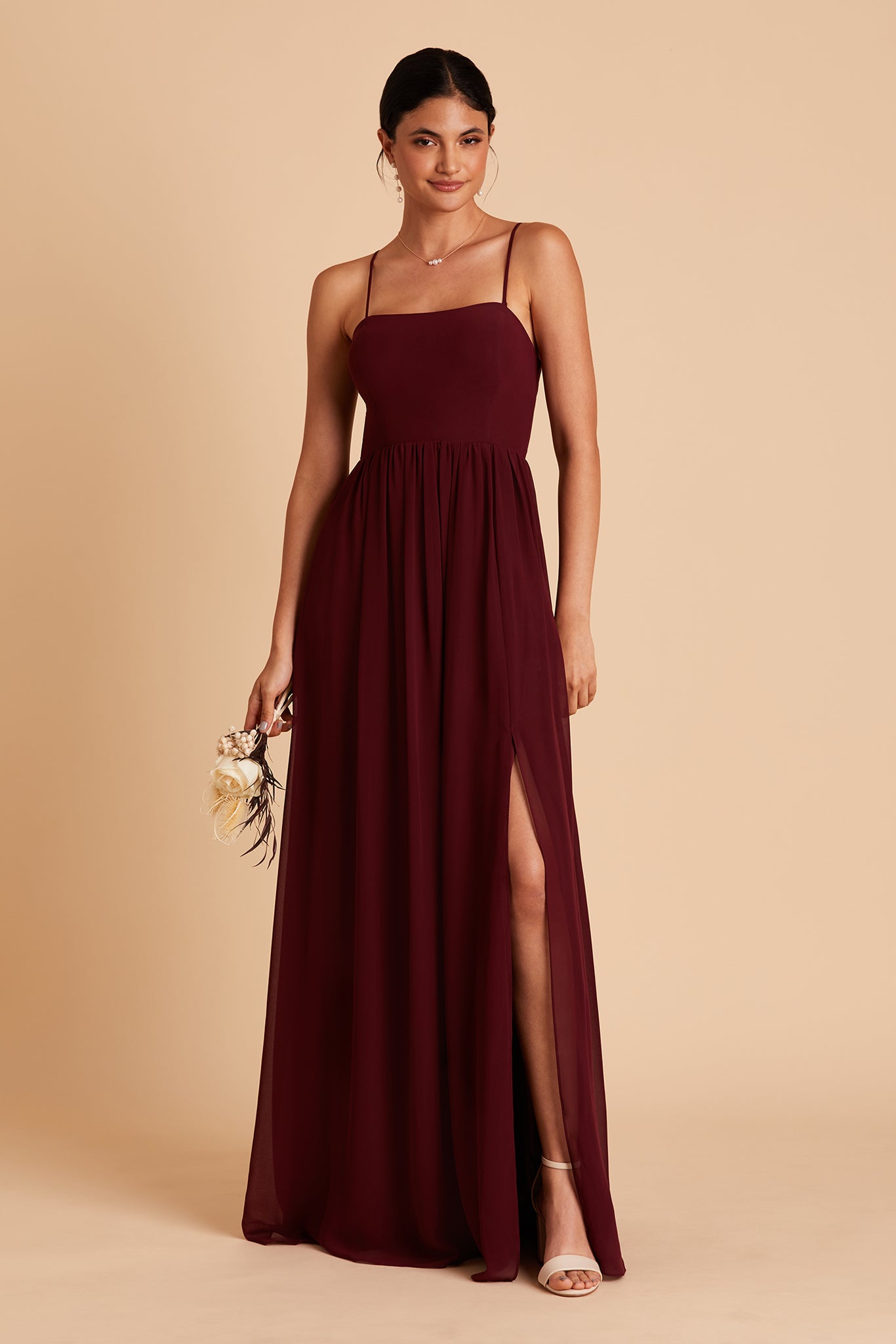 August bridesmaid dress with slit in cabernet chiffon by Birdy Grey, front view