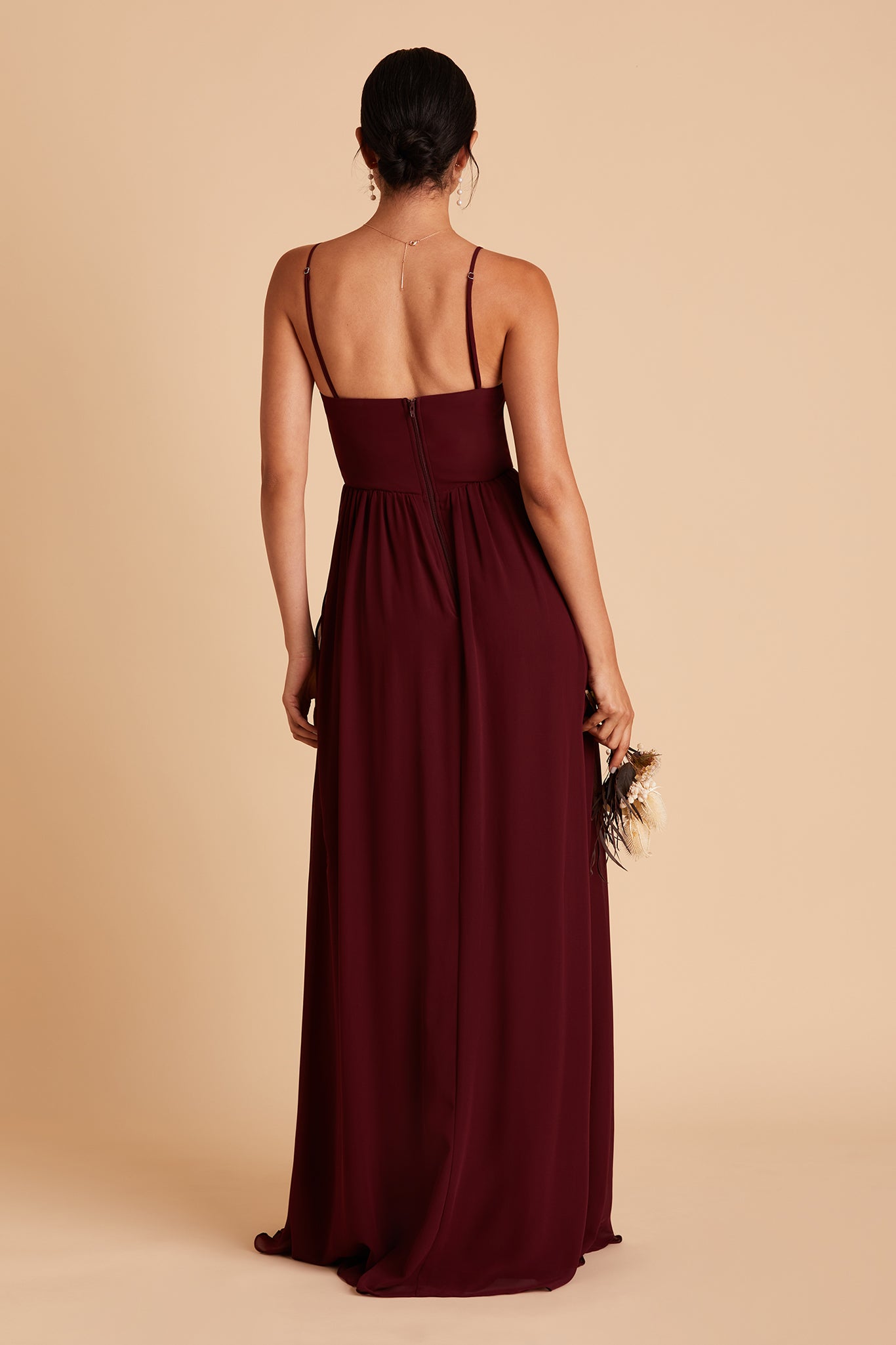 August bridesmaid dress with slit in cabernet chiffon by Birdy Grey, back view