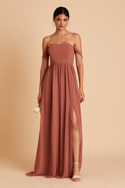 August bridesmaid dress with slit in desert rose chiffon by Birdy Grey, front view