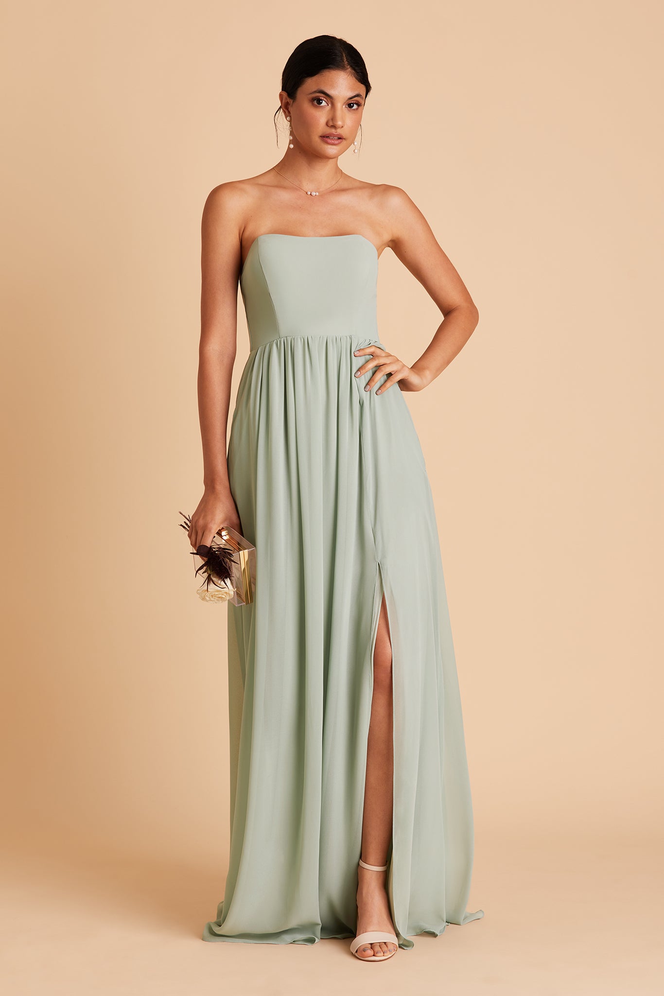 August bridesmaid dress with slit in sage chiffon by Birdy Grey, front view