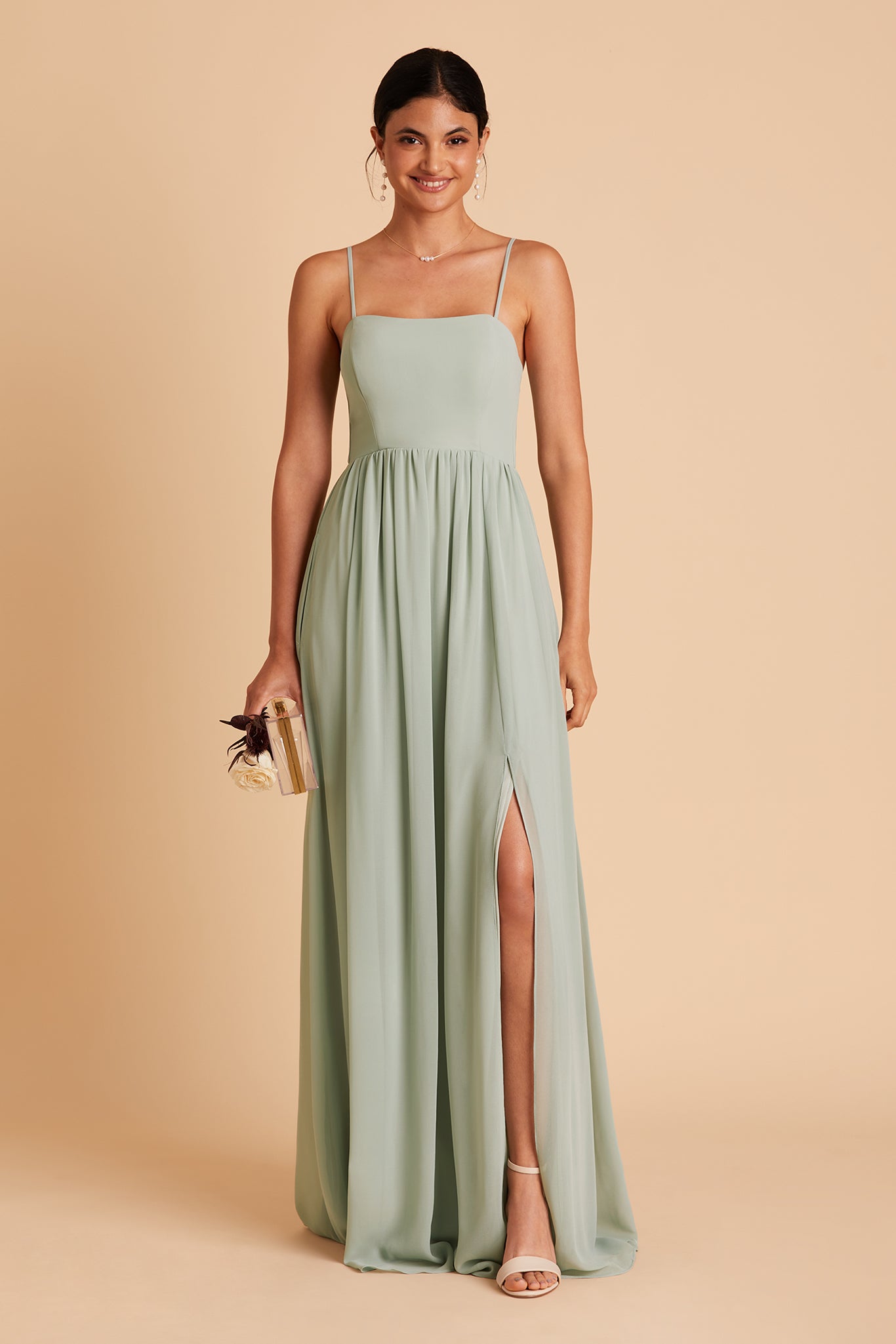 August bridesmaid dress with slit in sage chiffon by Birdy Grey, front view