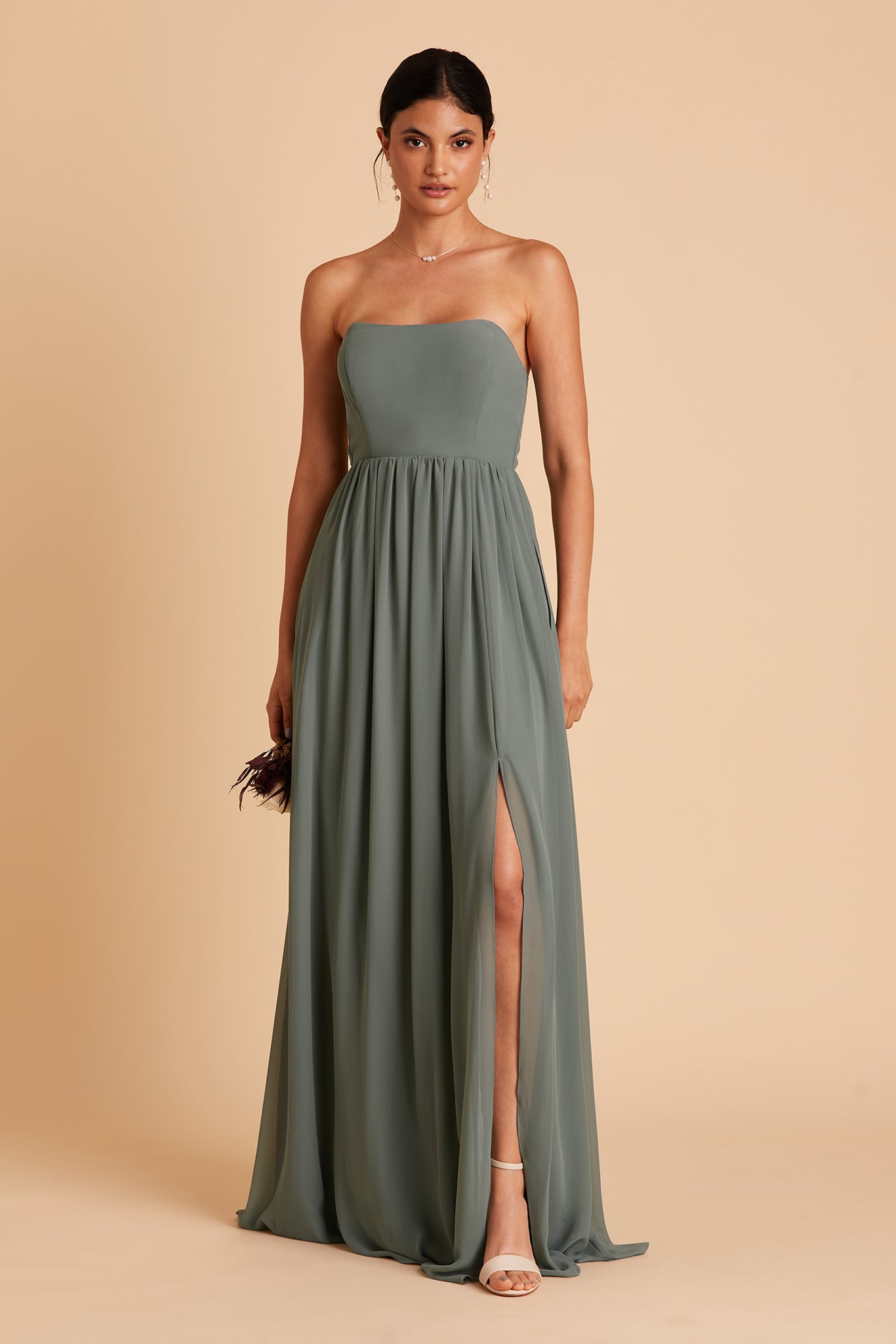 August bridesmaid dress with slit in sea glass chiffon by Birdy Grey, front view